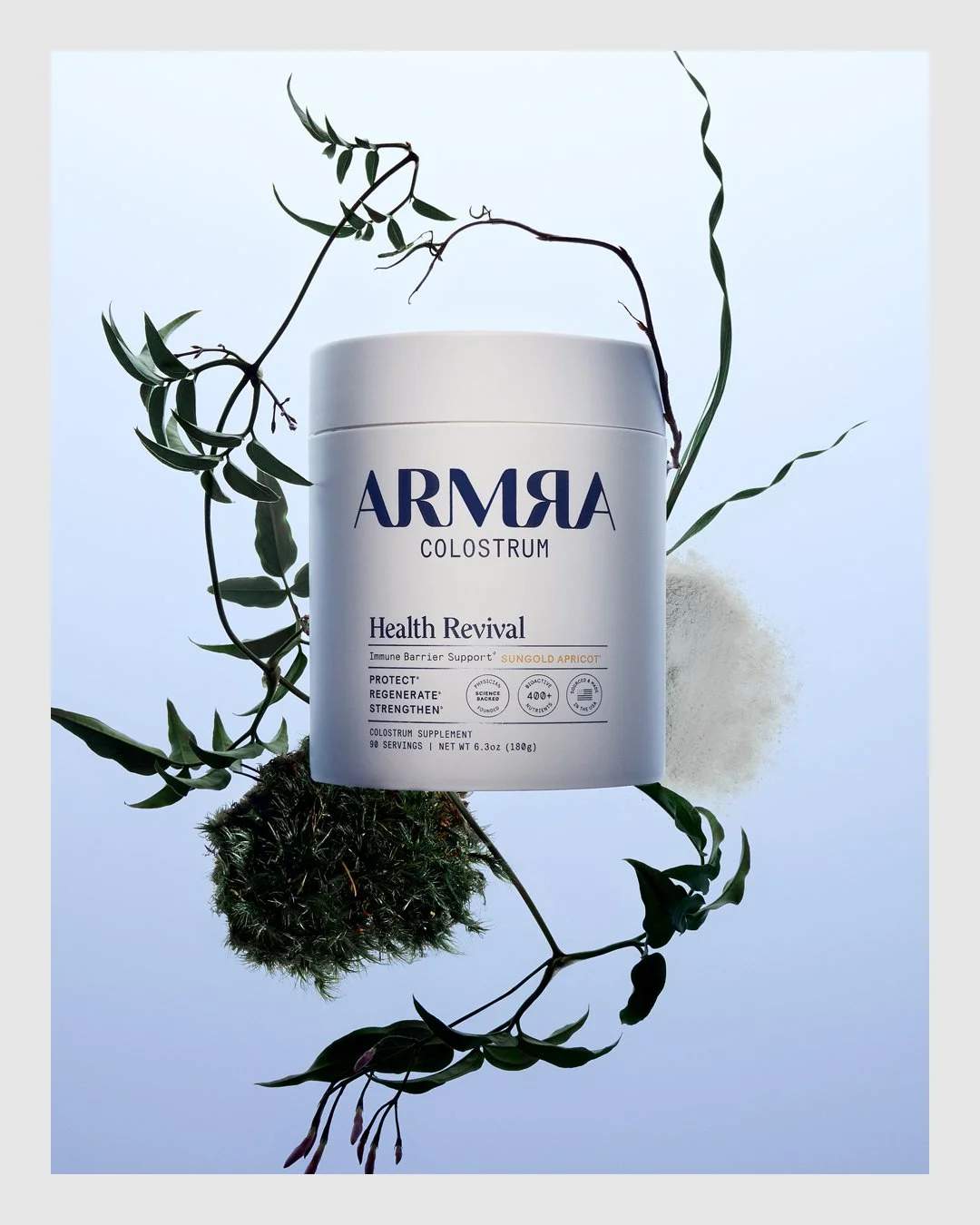 ARMRA Health Revival product styled with botanical branches