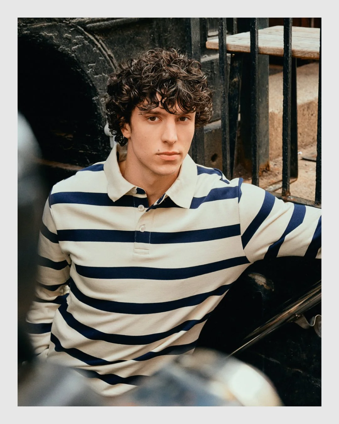 Lindbergh striped rugby shirt photographed on a male model in New York