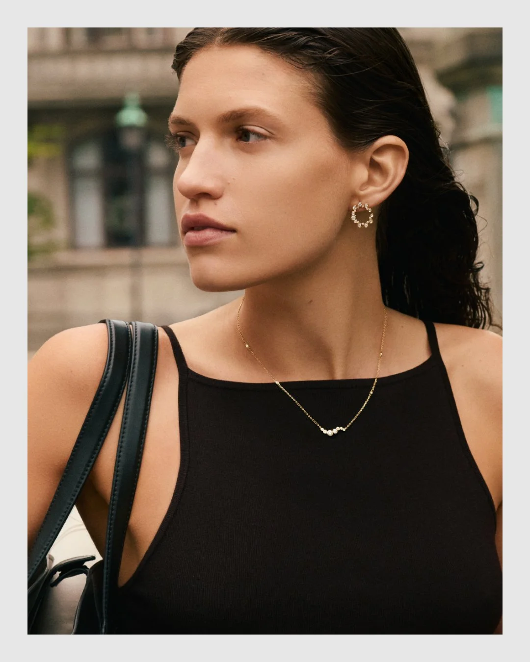 Model wearing Cherituelle diamond earrings and necklace – beauty and fine jewelry retouching by Le Lemon