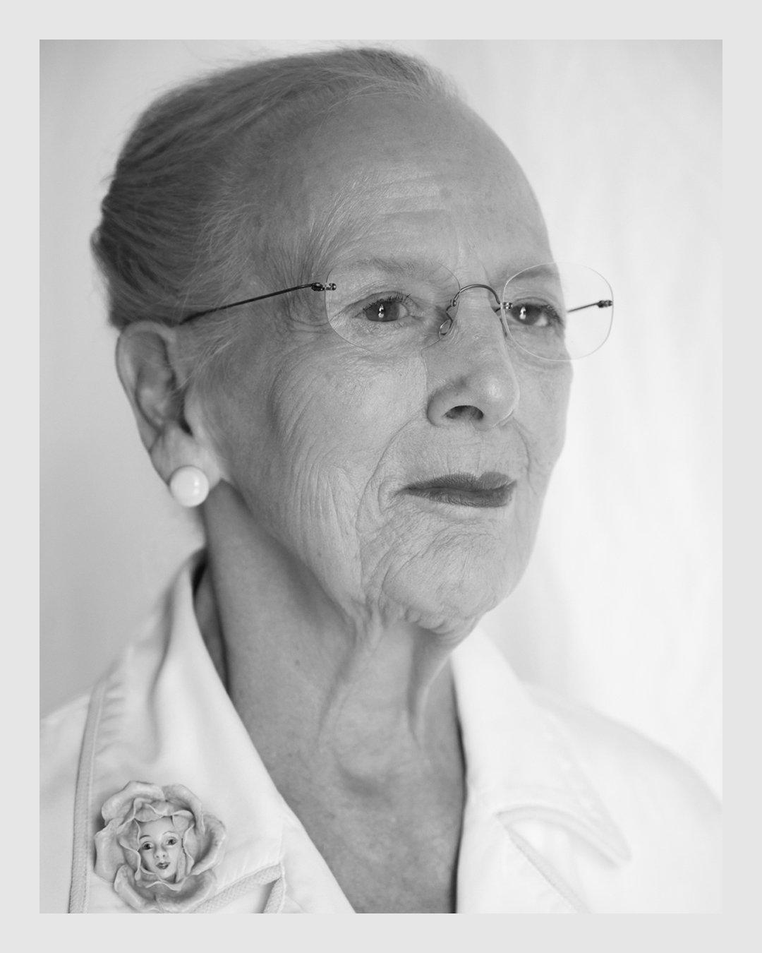 Black and white close-up portrait of Queen Margrethe II