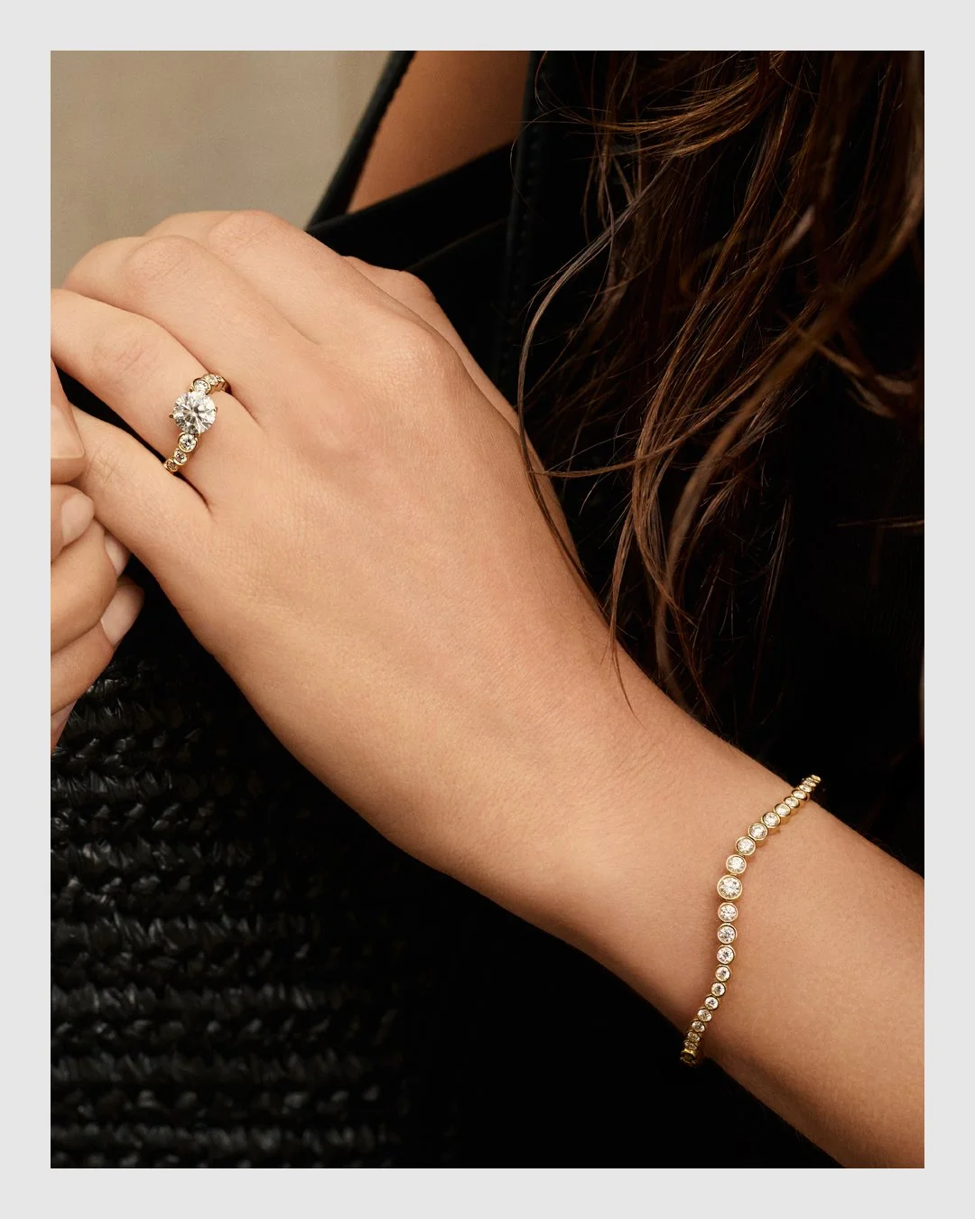 Close-up of Cherituelle diamond ring and bracelet with natural skin detail – luxury jewelry retouching by Le Lemon
