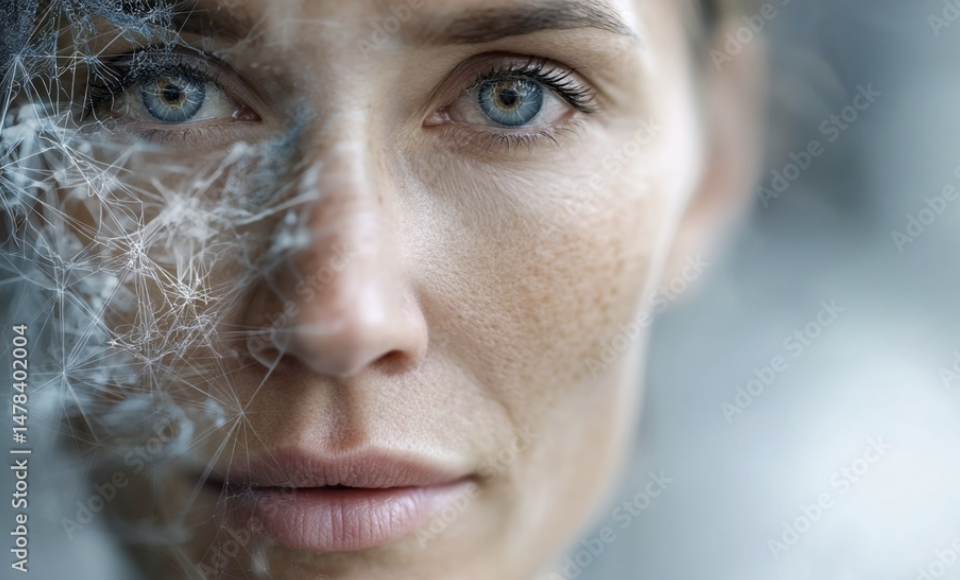 Close-up of a woman's face with blue eyes, freckles, and light skin, with a digital network overlay on the left side.