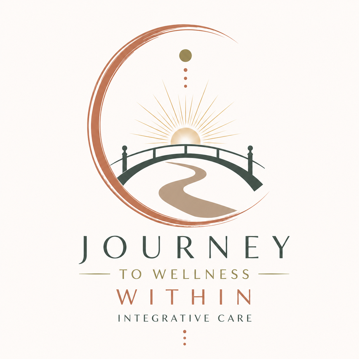 A logo featuring a bridge, a path leading to a rising or setting sun, with abstract celestial elements and the words "Journey to Wellness Within" and "Integrative Care."