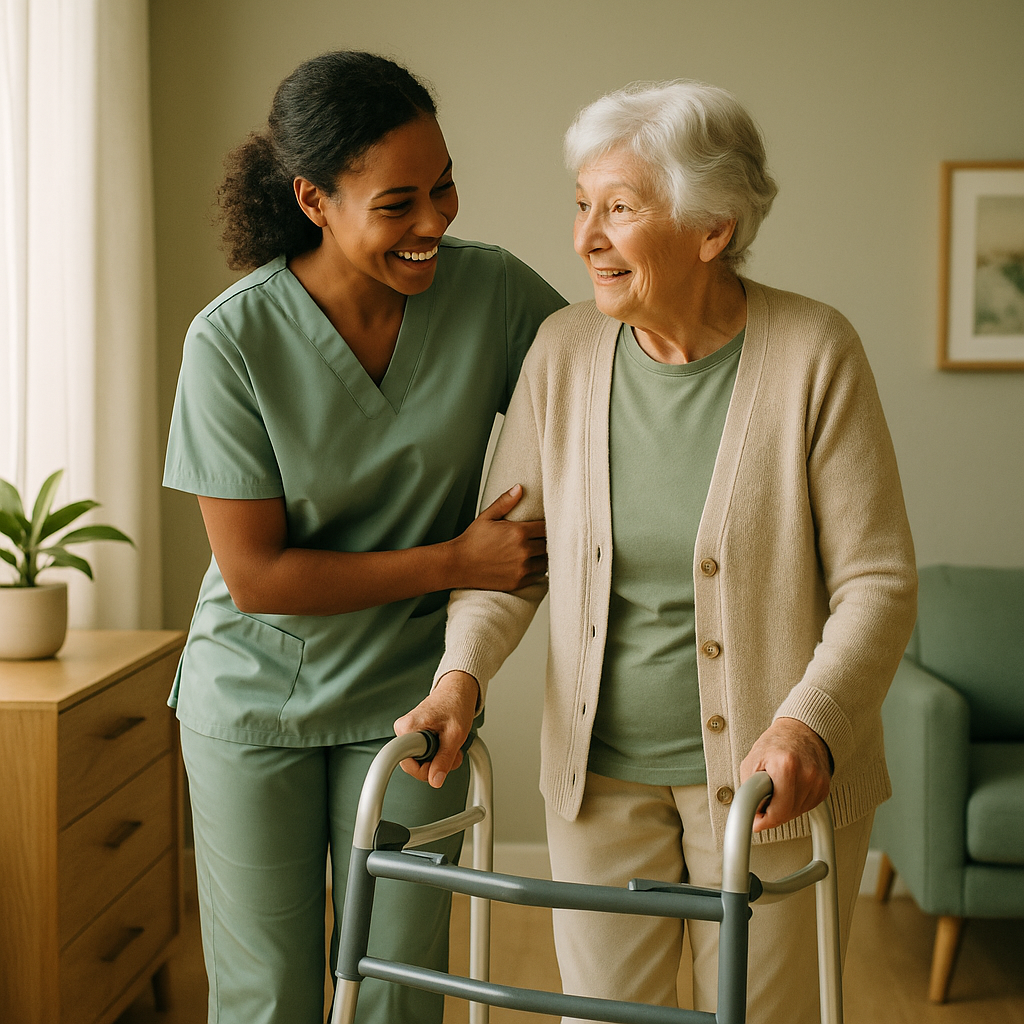 A young nurse helping an elderly woman with a walker in a bright, cozy living room.