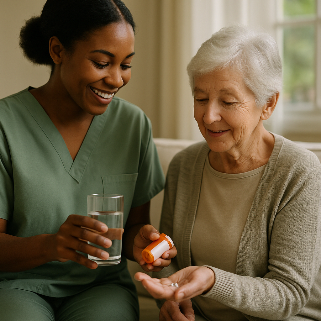 A caregiver woman in green medical scrubs handing pills to an elderly woman in a beige cardigan, with a glass of water in her other hand, in a cozy room with natural light.