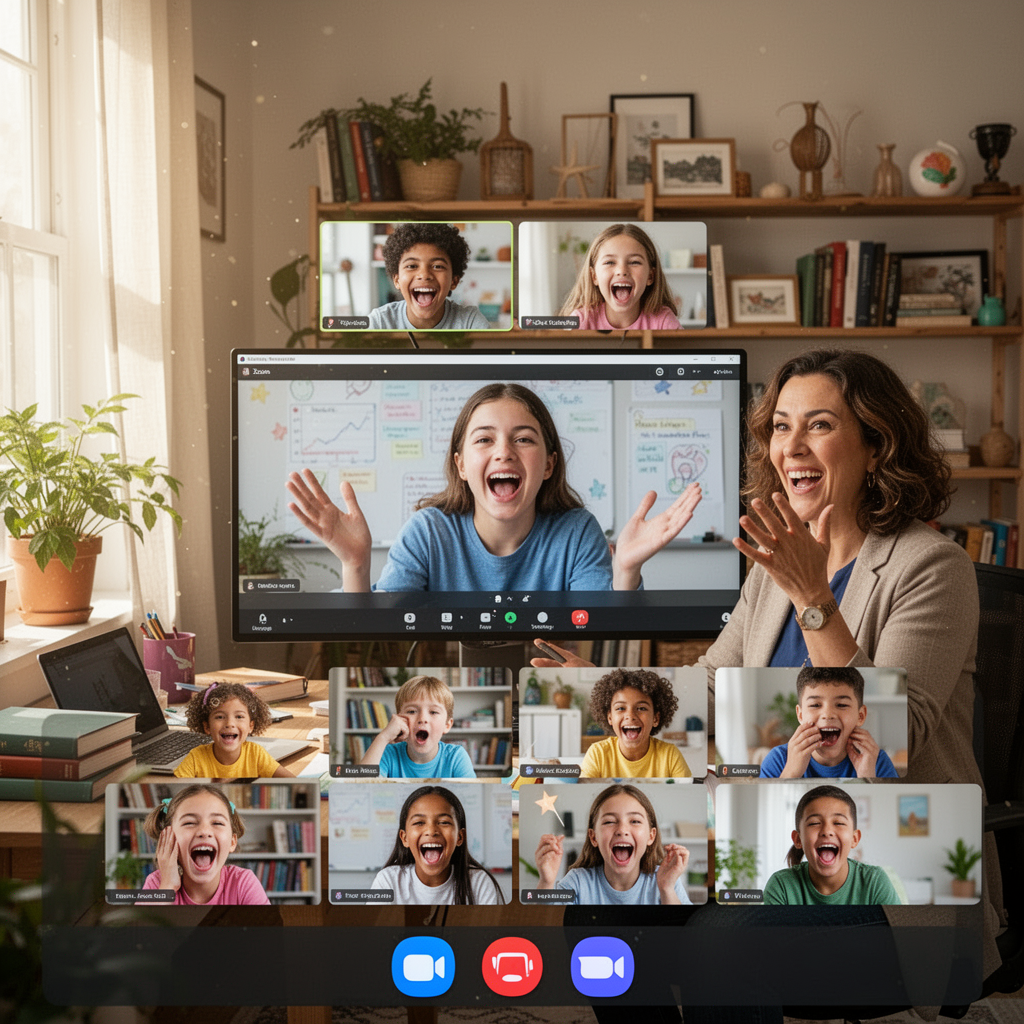 Screenshot of a virtual classroom with multiple children and two teachers participating in an online class.