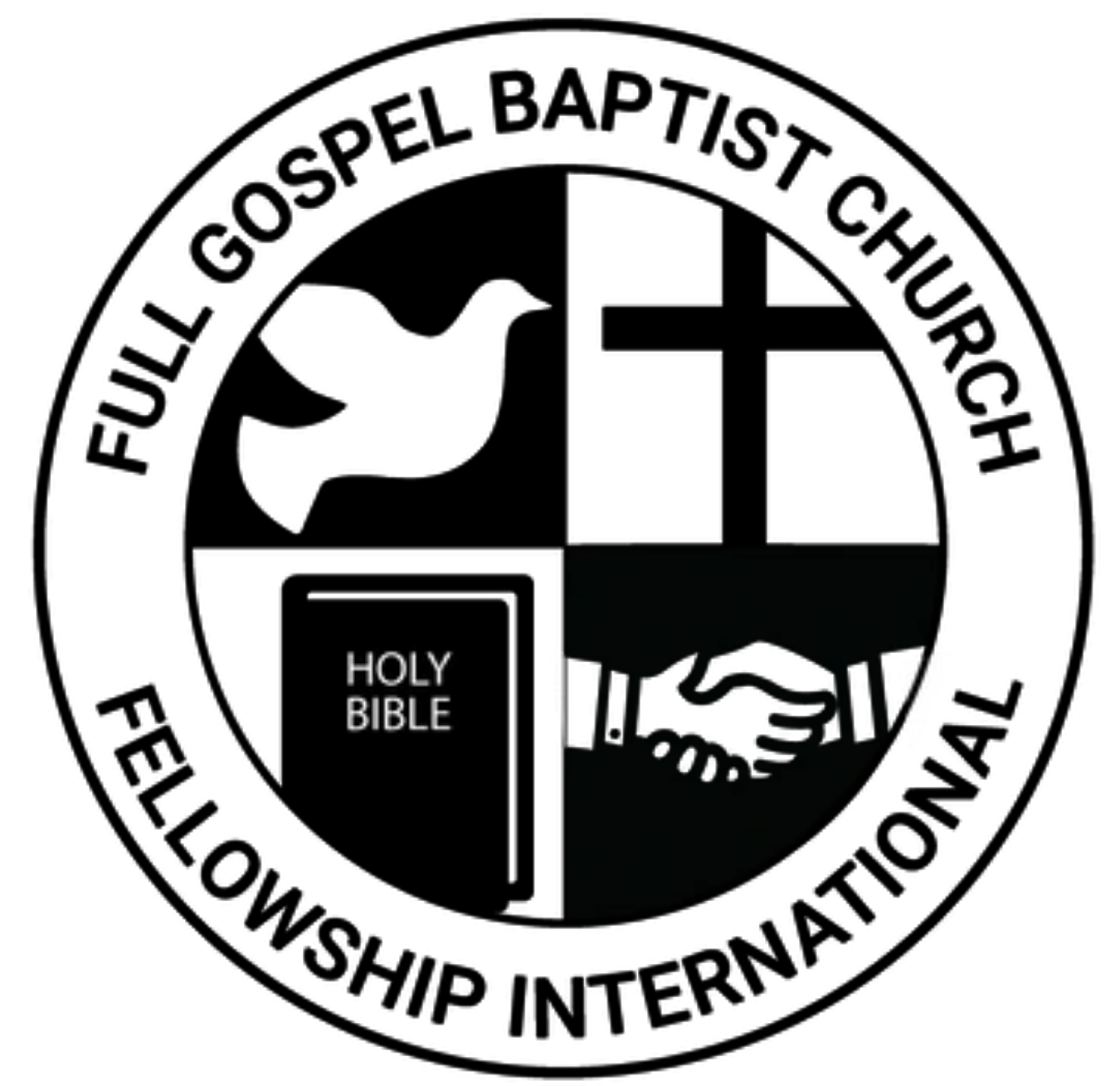 A graphic showing a person's hand holding a small black book titled 'Holy Bible' with an illustration of two hands shaking on the cover.