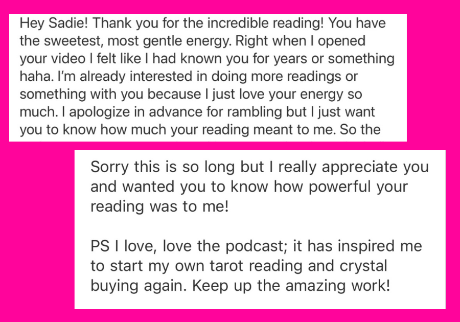 A screenshot of a heartfelt message about the impact of reading and a favorite podcast, written on a bright pink background with white text boxes.