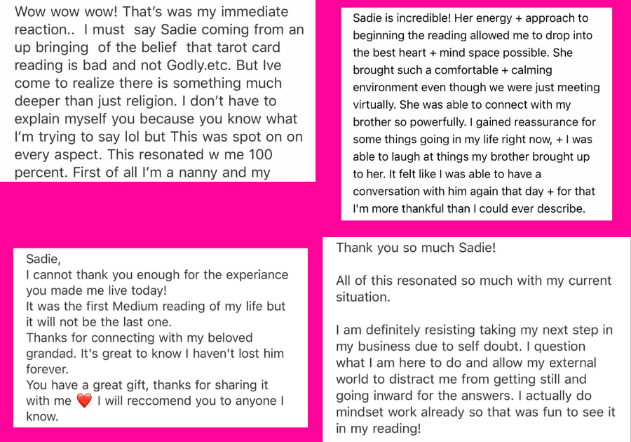 Screenshot of a positive feedback message about a tarot card reading experience, highlighted in pink with white text boxes containing gratitude and appreciation.