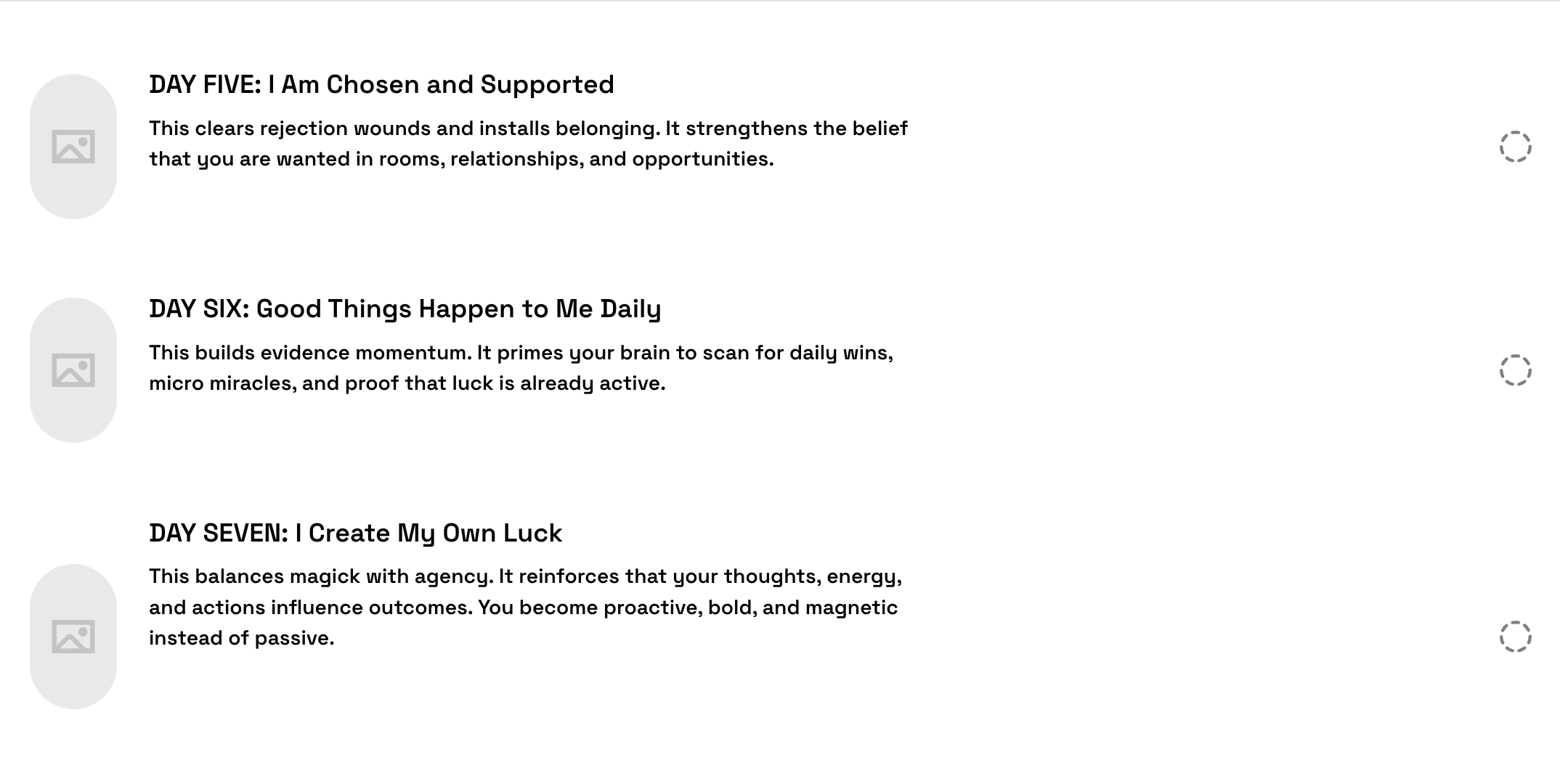 Text-based image listing daily affirmations, days five, six, and seven, with descriptions of their focus on resilience, positive thinking, and self-empowerment.