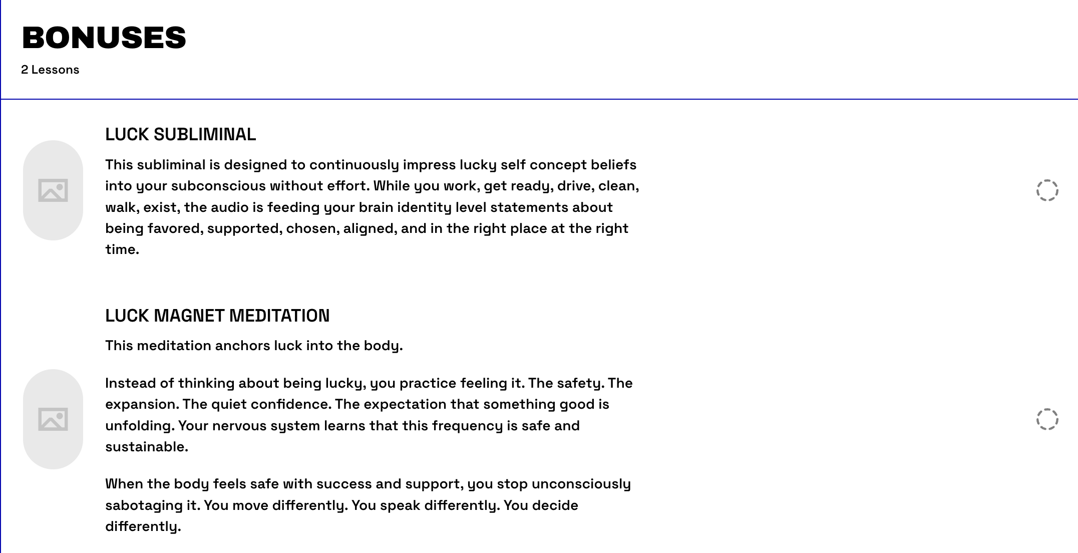 Screenshot of a webpage titled 'Bonuses' with two sections: 'Luck Subliminal' and 'Luck Magnet Meditation,' each containing descriptive text about its purpose and benefits.