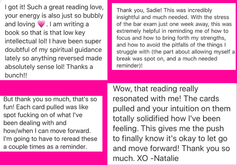 Collection of four handwritten notes, with messages of gratitude and reflection on personal growth, connected to a pink background.