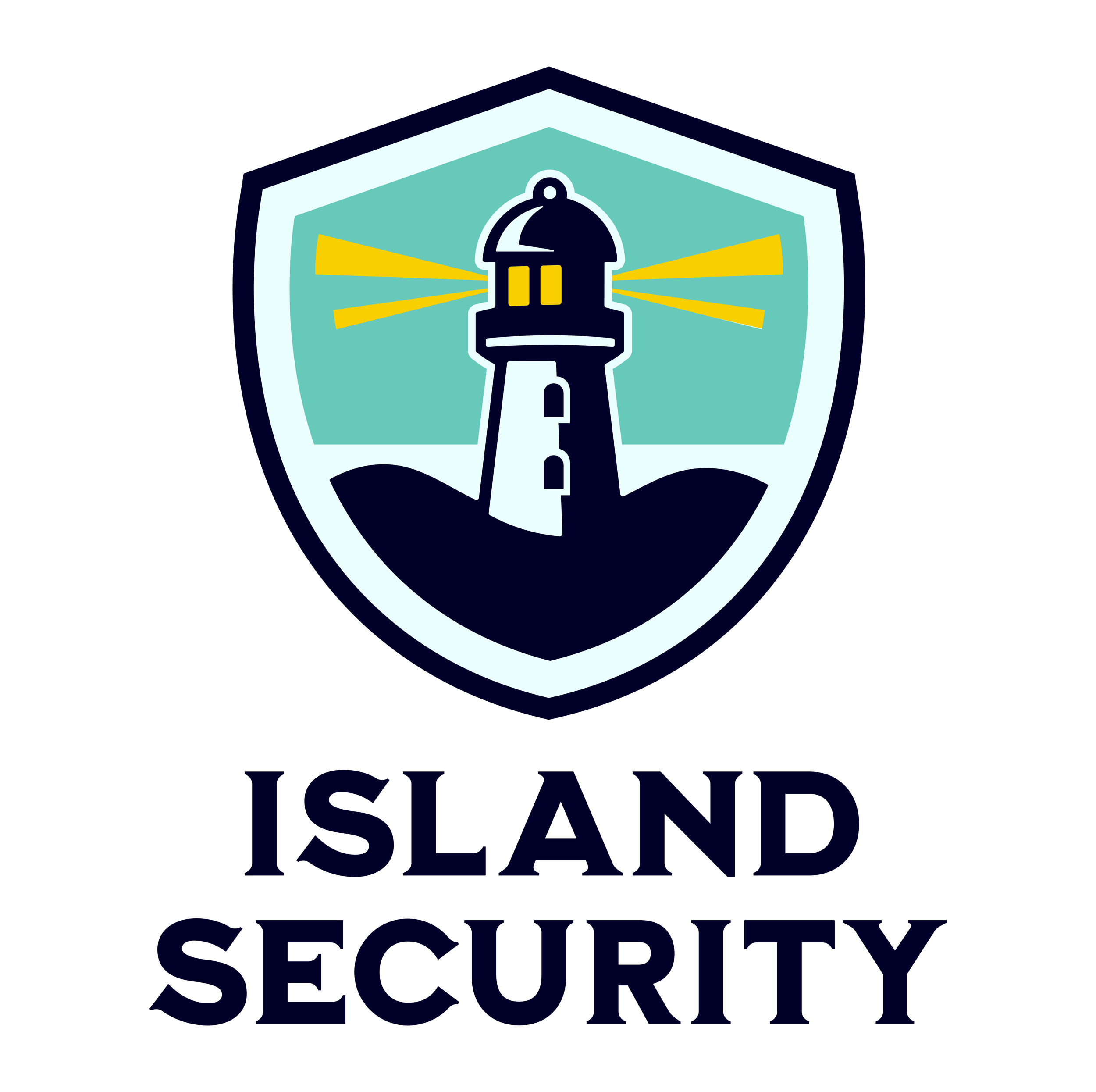 Logo featuring a lighthouse with beams of light inside a shield, over text 'Island Security'.