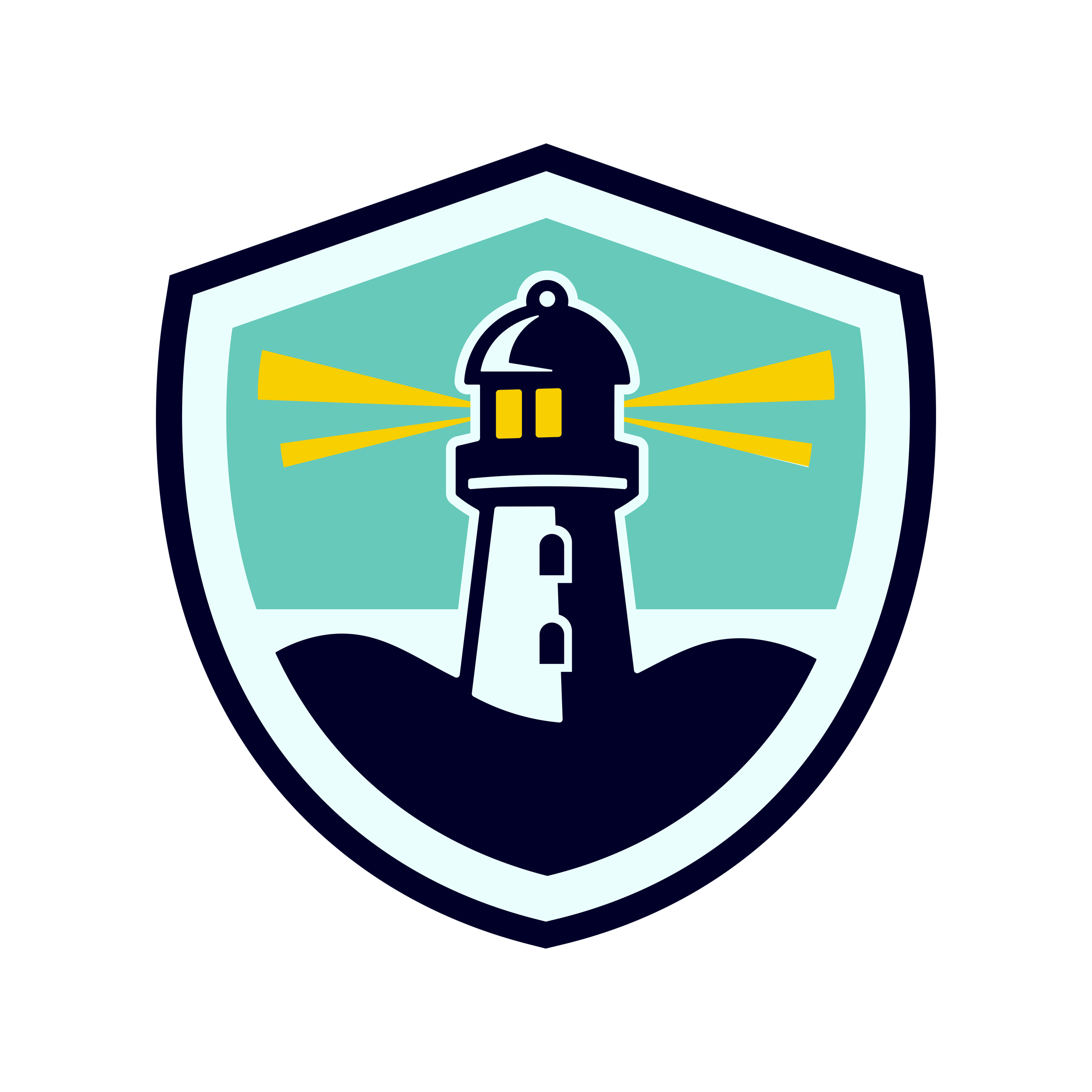 A lighthouse emitting yellow light beams on a shield-shaped emblem with a teal background and dark border.
