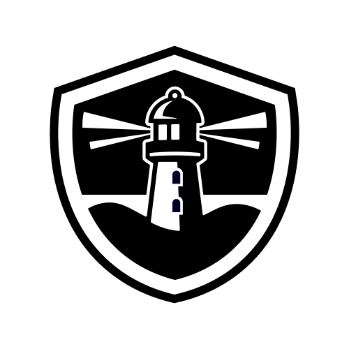Black and white logo featuring a lighthouse within a shield