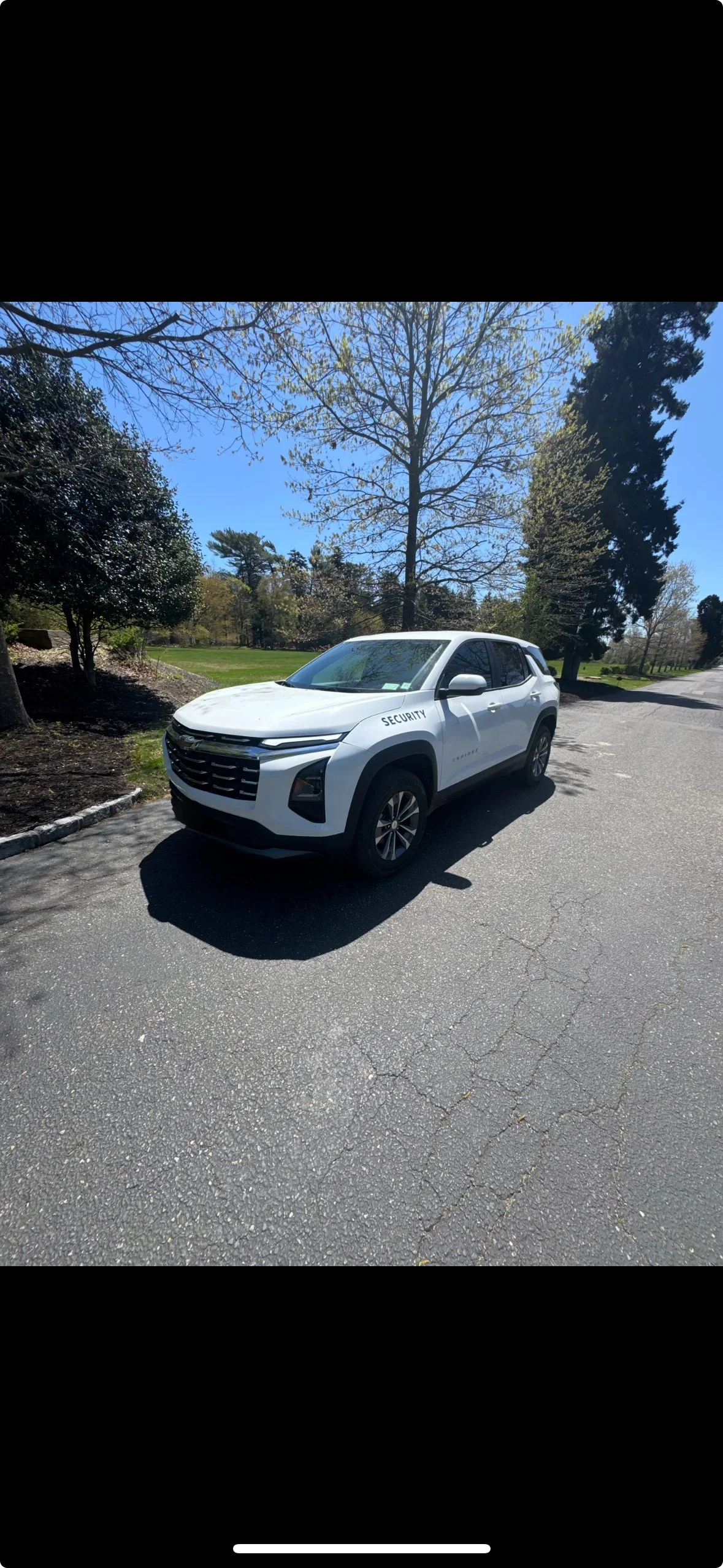 White security SUV parked on a paved road next to a grassy area and trees under a clear blue sky.