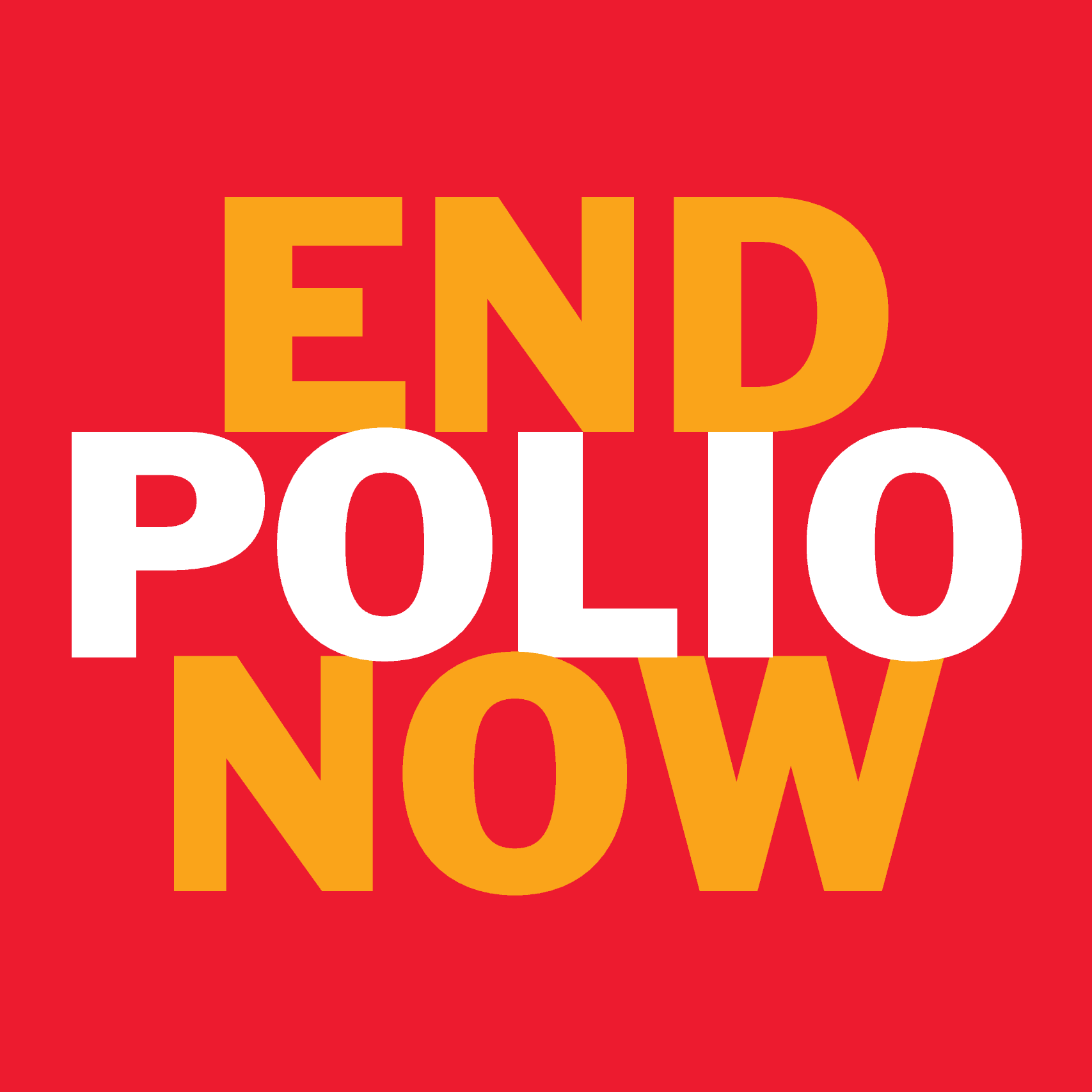 Bright red background with bold yellow and white text reading 'END POLIO NOW'.