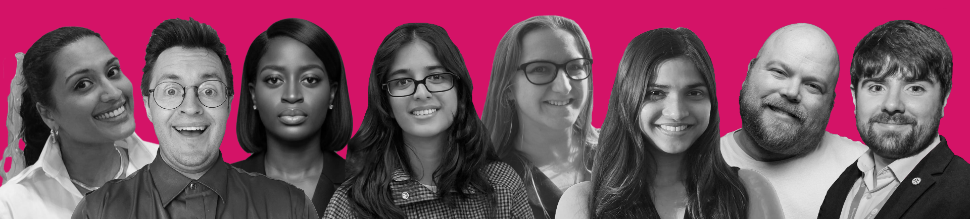 A group of eight diverse people smiling against a bright magenta background.