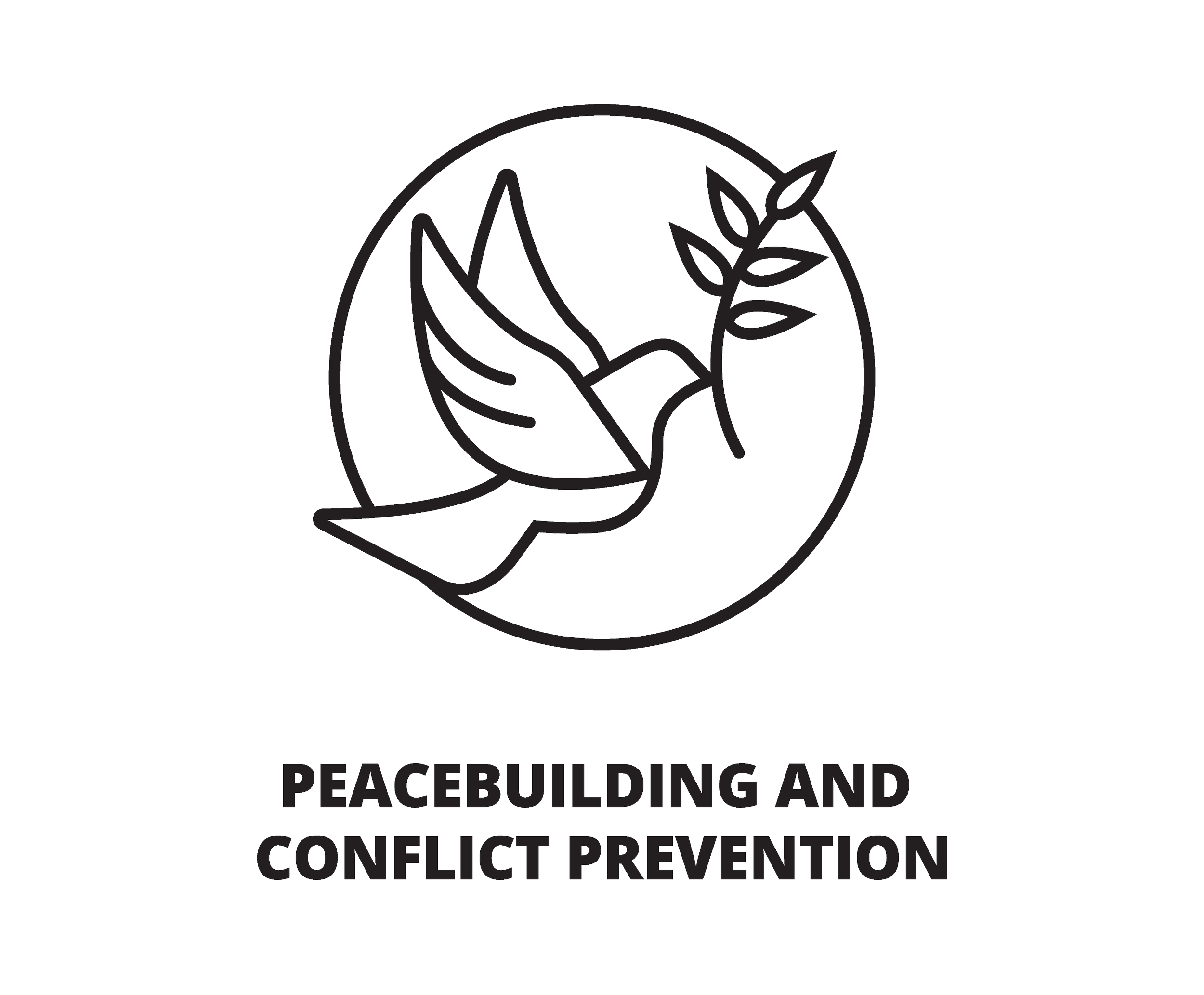 Logo with a circle containing a mountain, a leaf, and a hand, with the text PEACEBUILDING AND CONFLICT PREVENTION below.