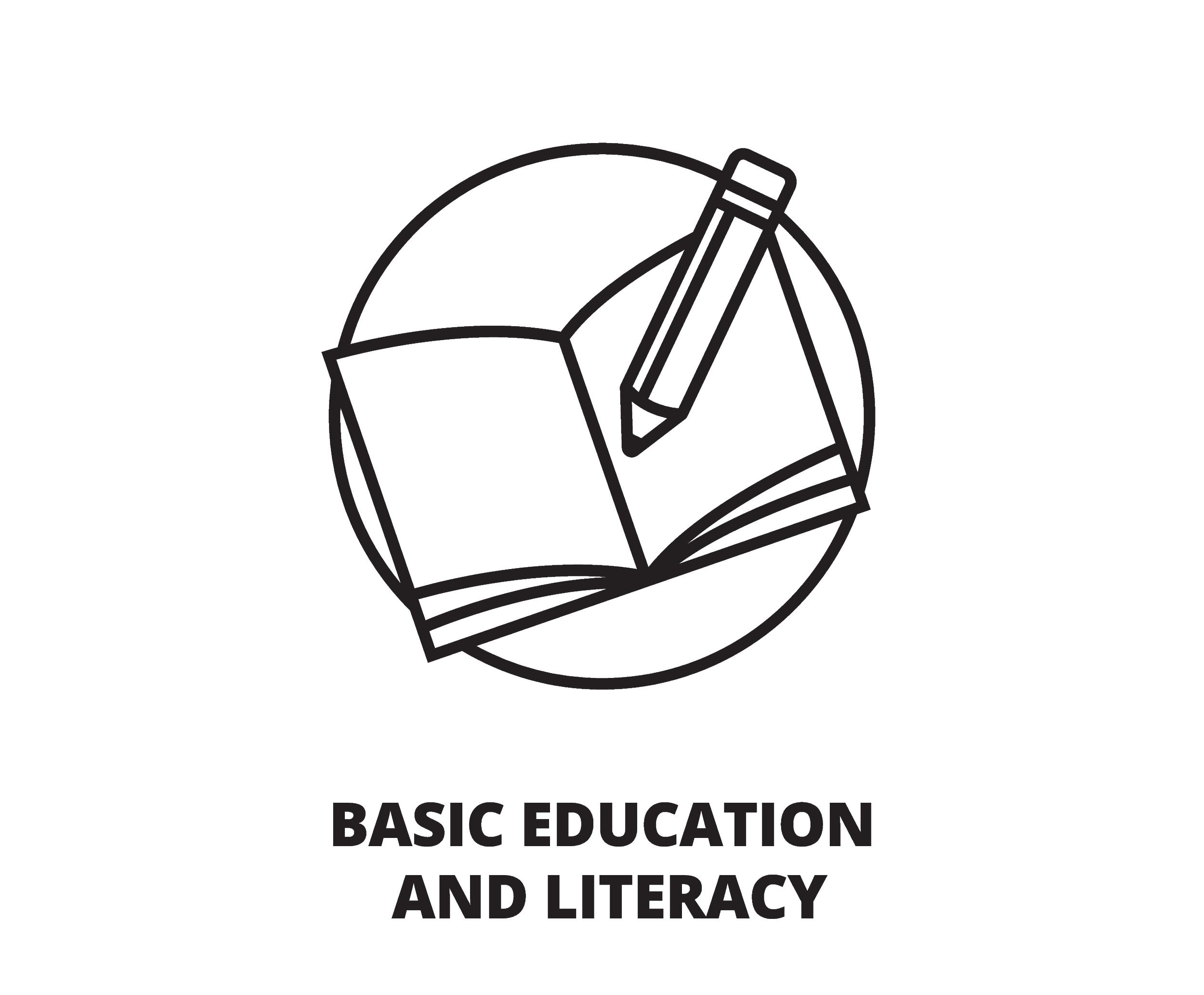 Line drawing of a pencil and an open notebook with a circular background, with the text "Basic Education and Literacy" below.