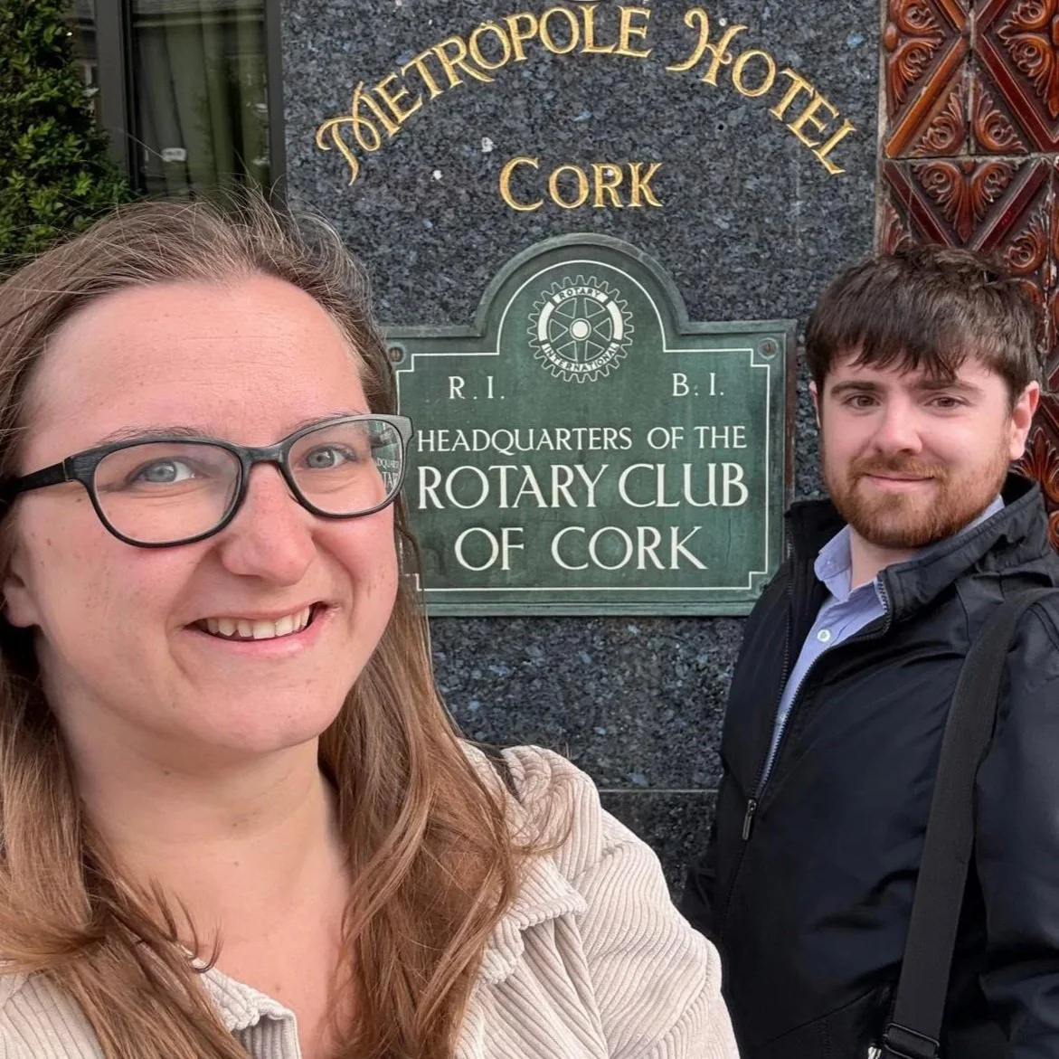 Rotaract GBI Chair (Chloe Rollings) and Director of Transformation (Danny Brown) outside the HQ of the Rotary Club of Cork.