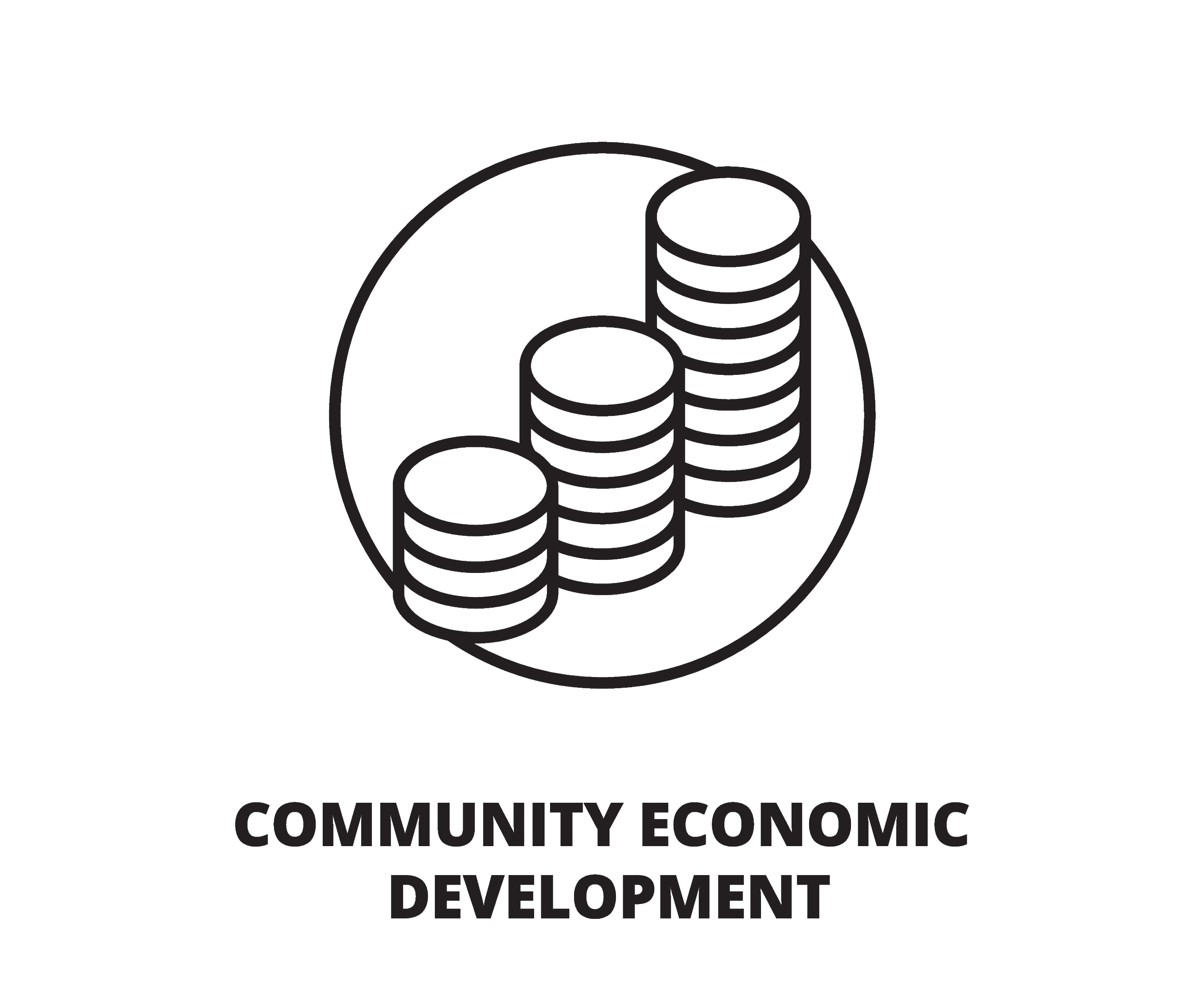 Logo for Community Economic Development with a stylized globe and stack of coins.