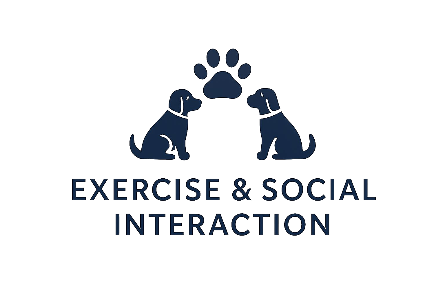 Logo with two dogs sitting facing each other, a paw print above them, and the text "Exercise & Social Interaction" below.