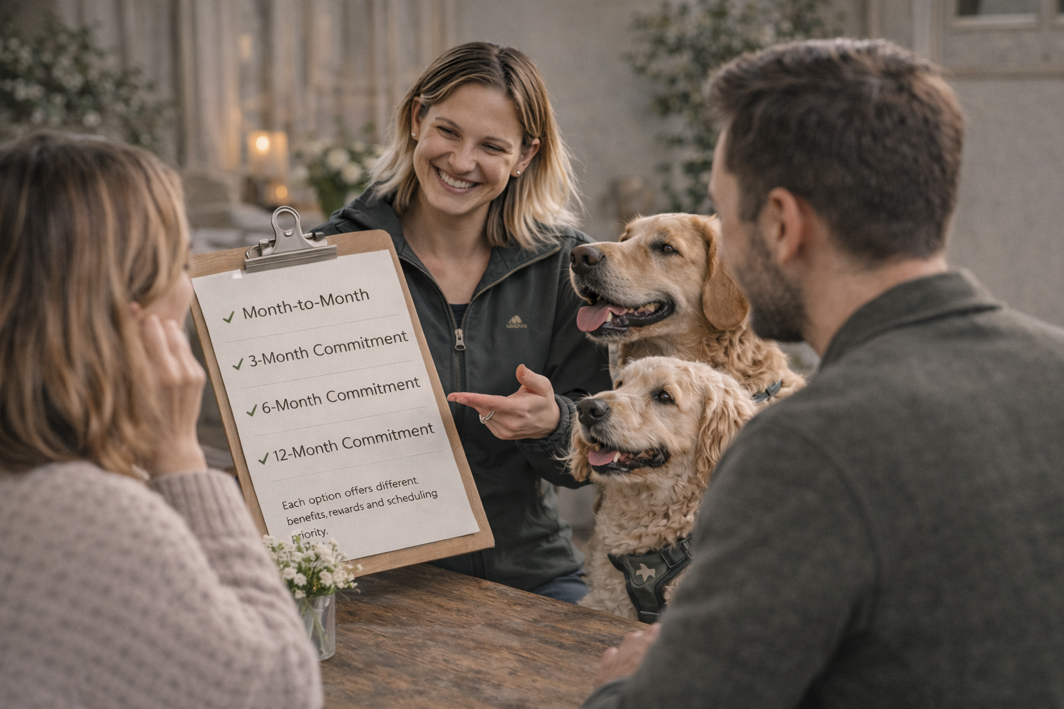 A woman showing pet adoption plans on a clipboard to a couple with two dogs in an indoor setting.