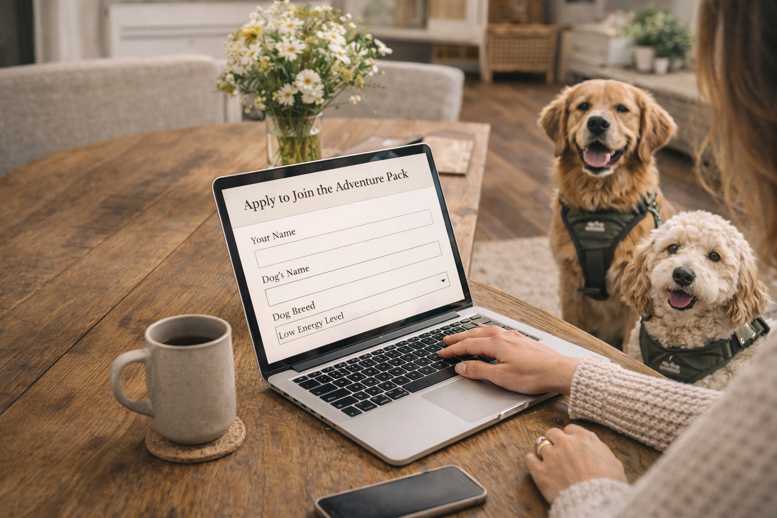 A person filling out an online application on a laptop with a form titled 'Apply to Join the Adventure Pack,' featuring fields for name, dog's name, breed, and energy level. Two happy dogs wearing harnesses sit at the table beside the laptop, and a mug of coffee is nearby.