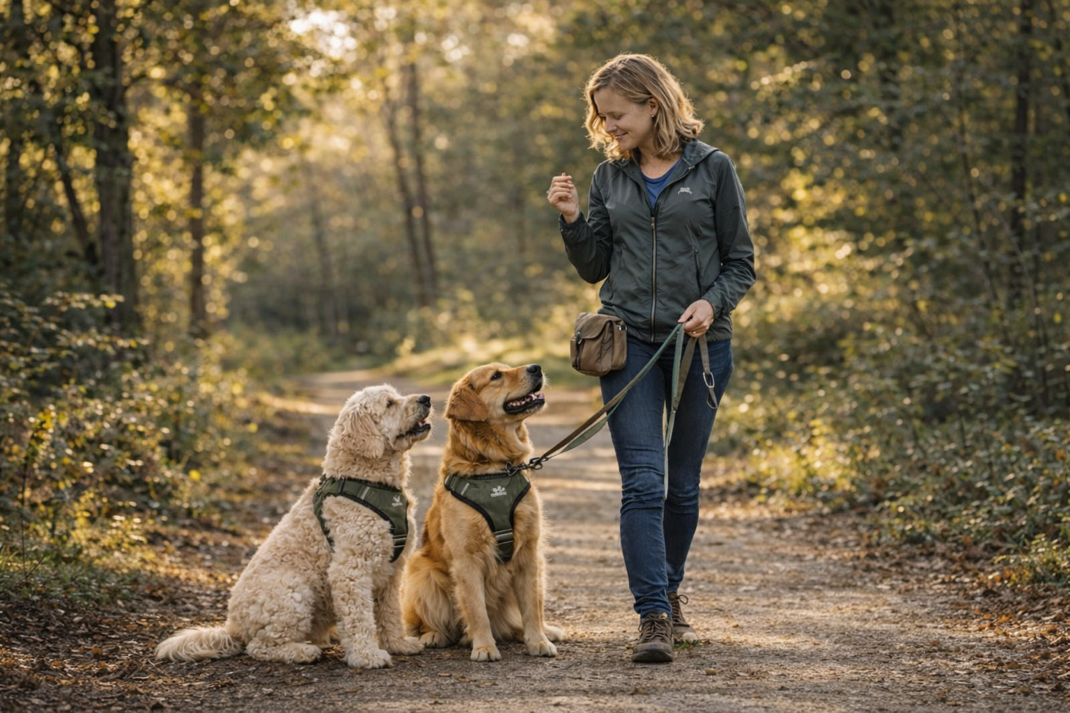A woman walking three dogs on a forest trail during autumn, surrounded by trees with yellow leaves.