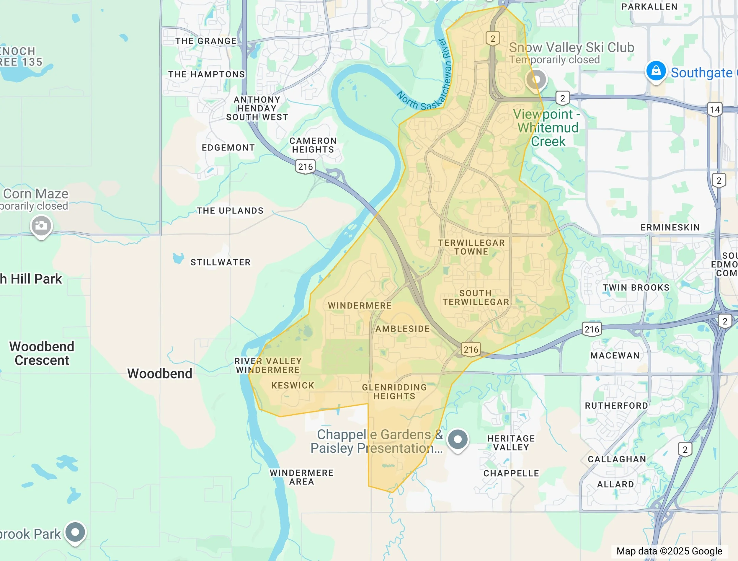 Map showing neighborhoods in Winnipeg, Manitoba, including The Uplands, Stillwater, Woodbend, Windermere, and others, with roads and waterways.