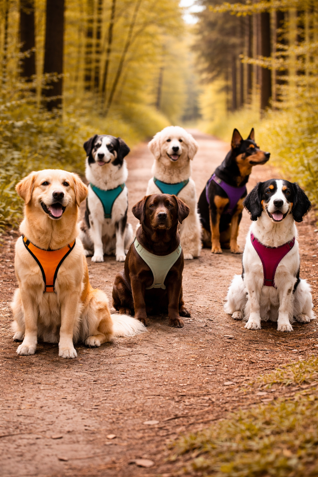 Group of seven dogs sitting and standing on a dirt path through a forest with yellow leaves.