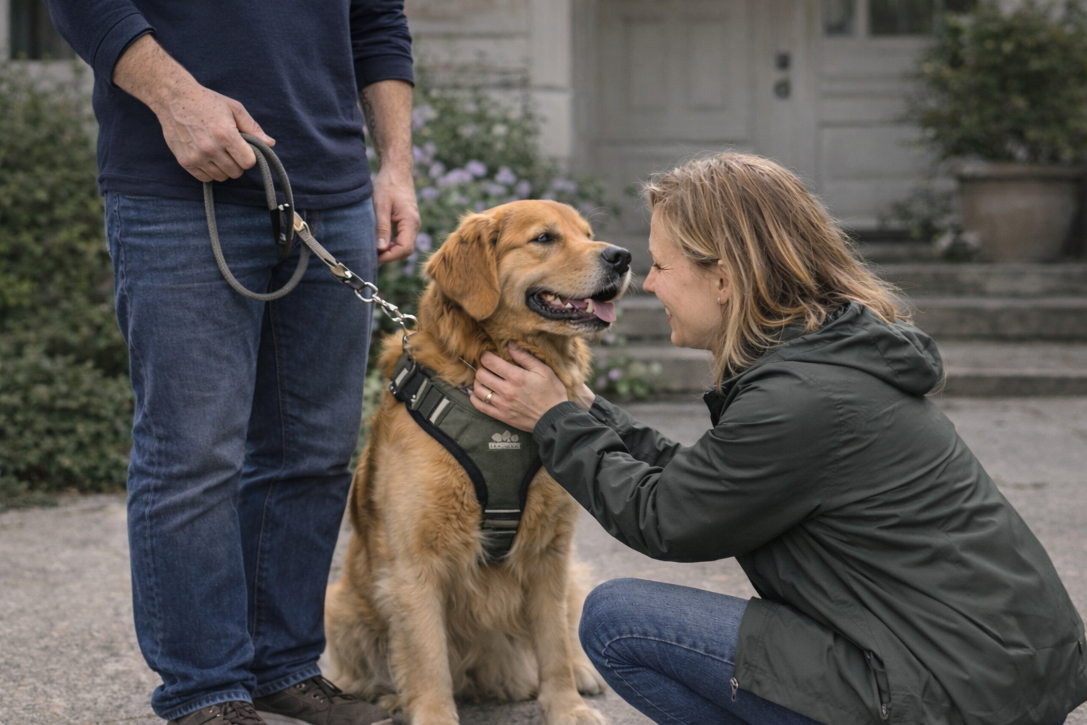 A woman smiles with her eyes closed while petting a golden retriever dog, who is sitting and wearing a harness, as a person in jeans holds the dog's leash. They are outside on a concrete pathway with stairs and potted plants in the background.