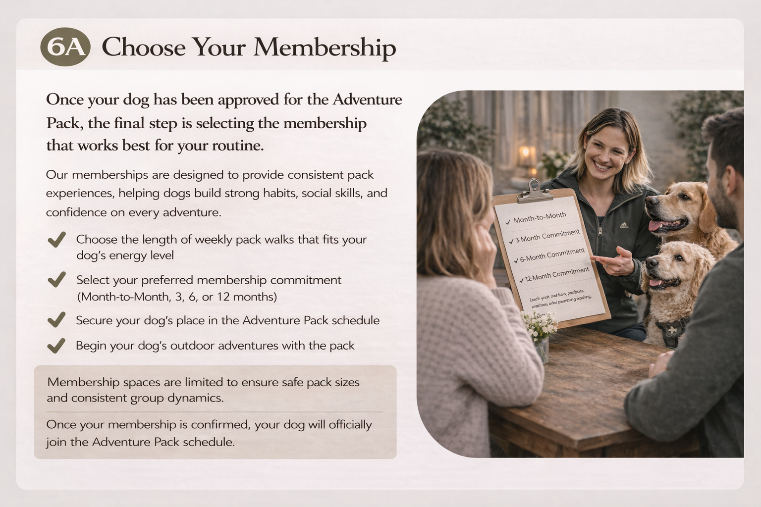 People sitting at a table discussing dog training memberships, with a woman holding a clipboard listing different commitment options for dog pack adventures.