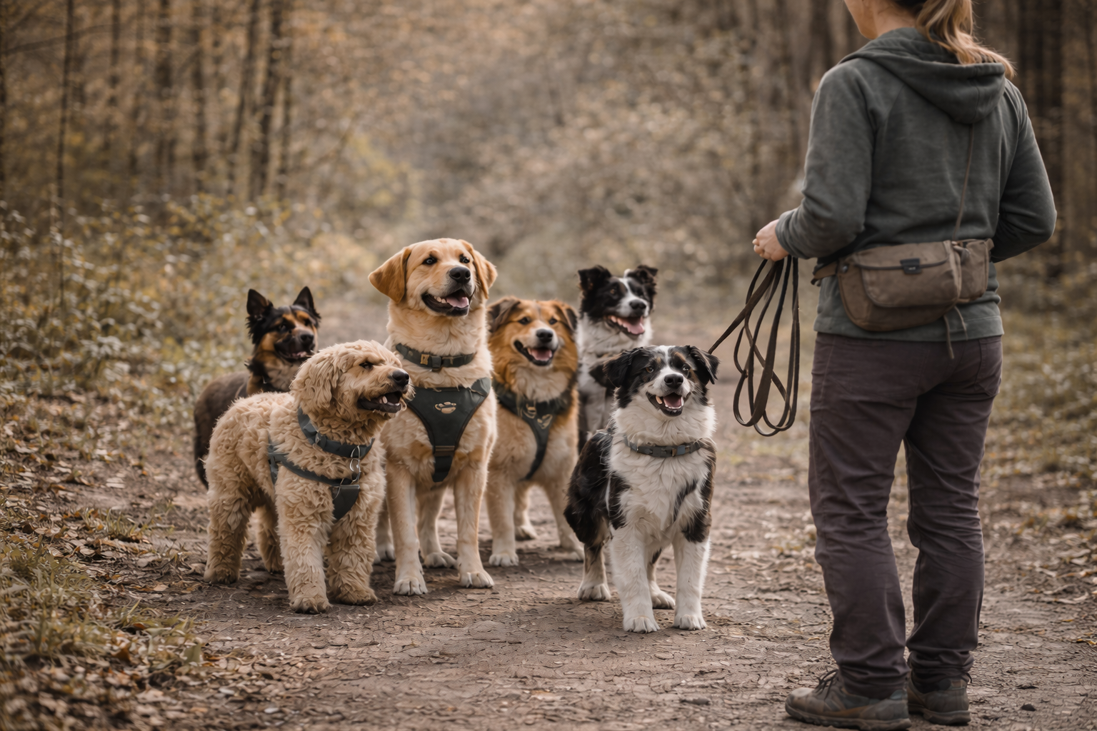 A person holding multiple leashes standing in front of a group of seven dogs on a trail in a wooded area.