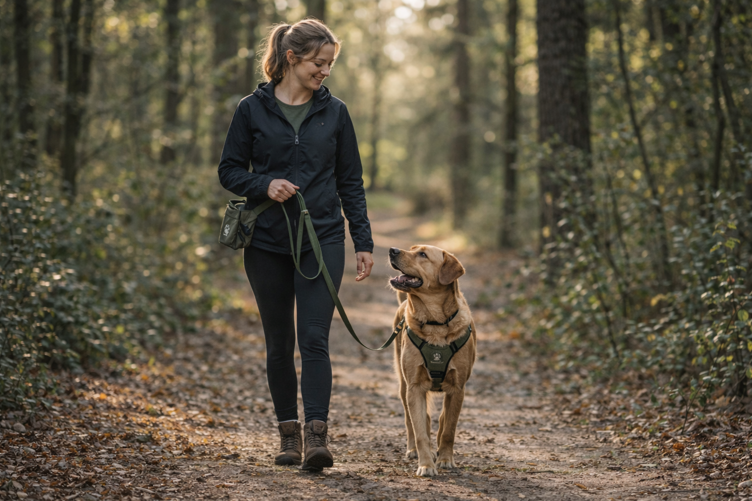 A woman walking a golden retriever on a forest trail during daytime.