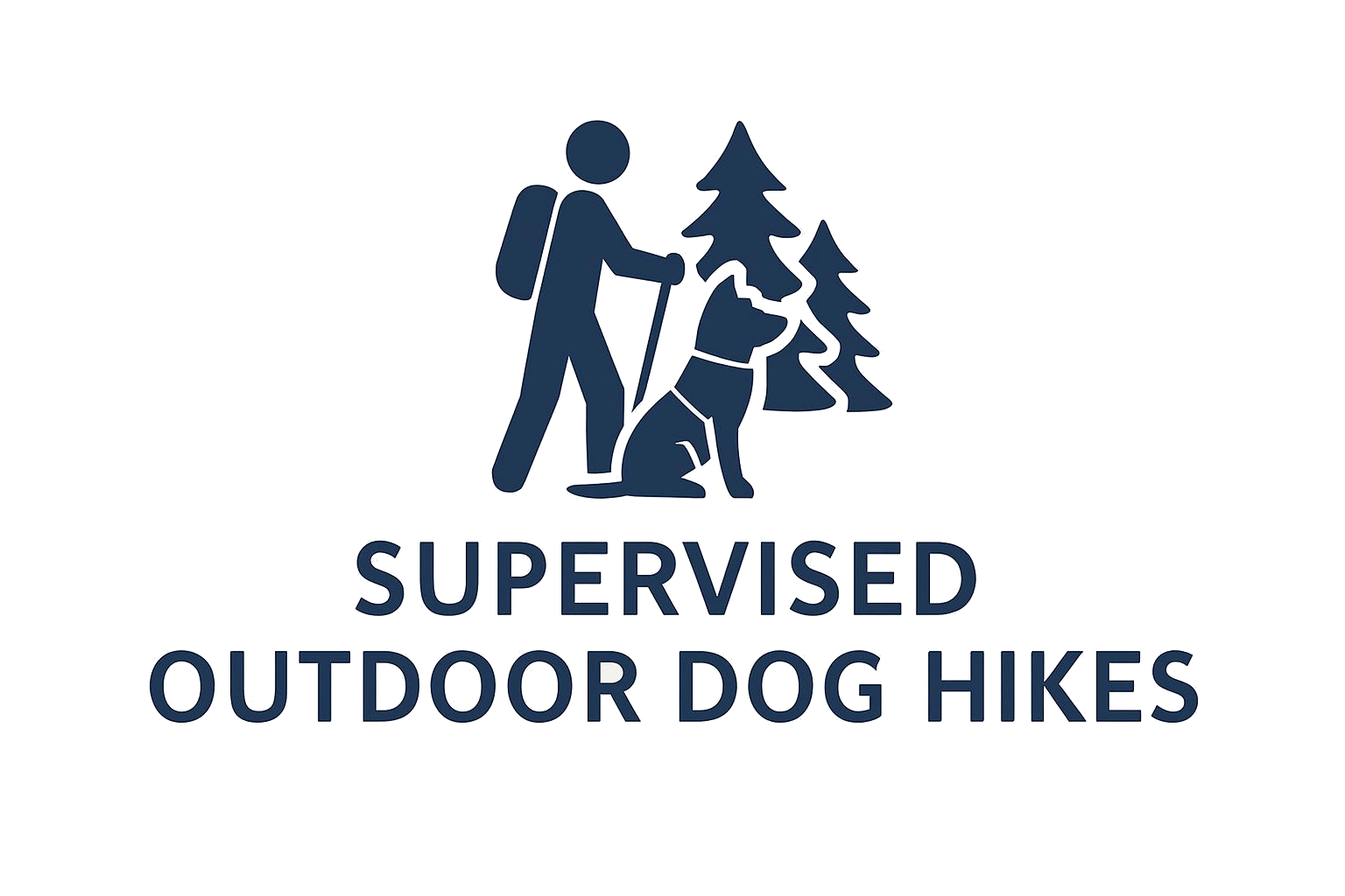 Icon of a person hiking with a backpack and a dog sitting beside them. There are trees in the background. Text below reads 'Supervised Outdoor Dog Hikes.'