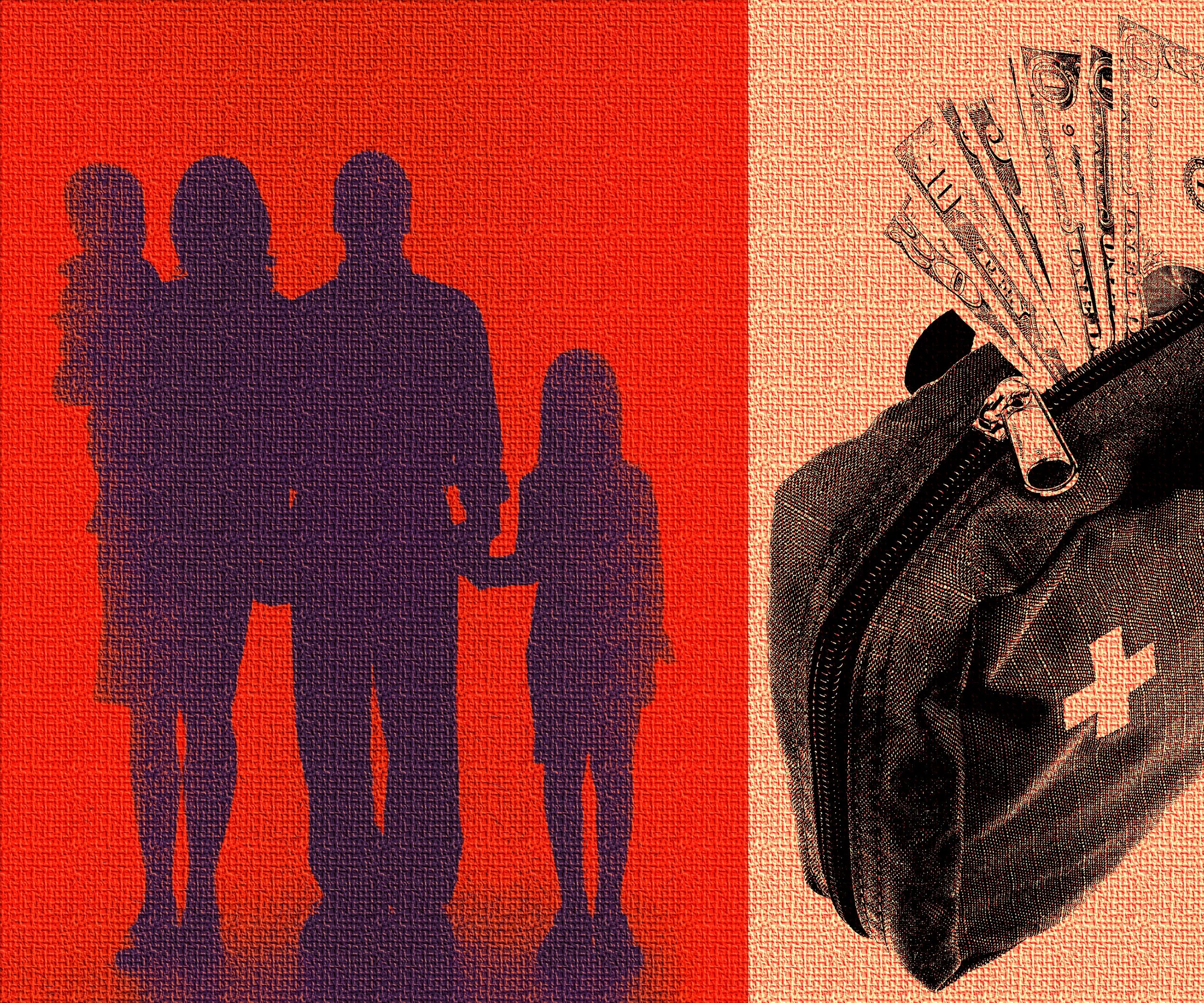 Family silhouettes stand against a red background beside a bag with cash, illustrating the financial burden on parents in child protective services cases.