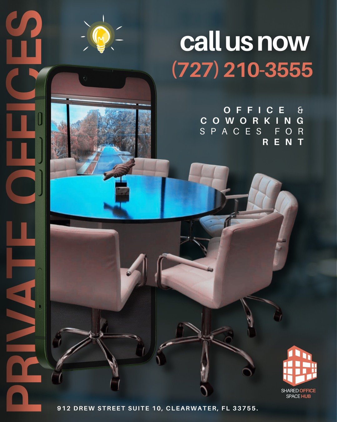 π Level Up Your Productivity!
Whether you're launching your startup or scaling your business, our private offices & coworking spaces give you the edge you need.
π Located in Clearwater, FL
π Call us now at (727) 210-3555 to book your space!
?