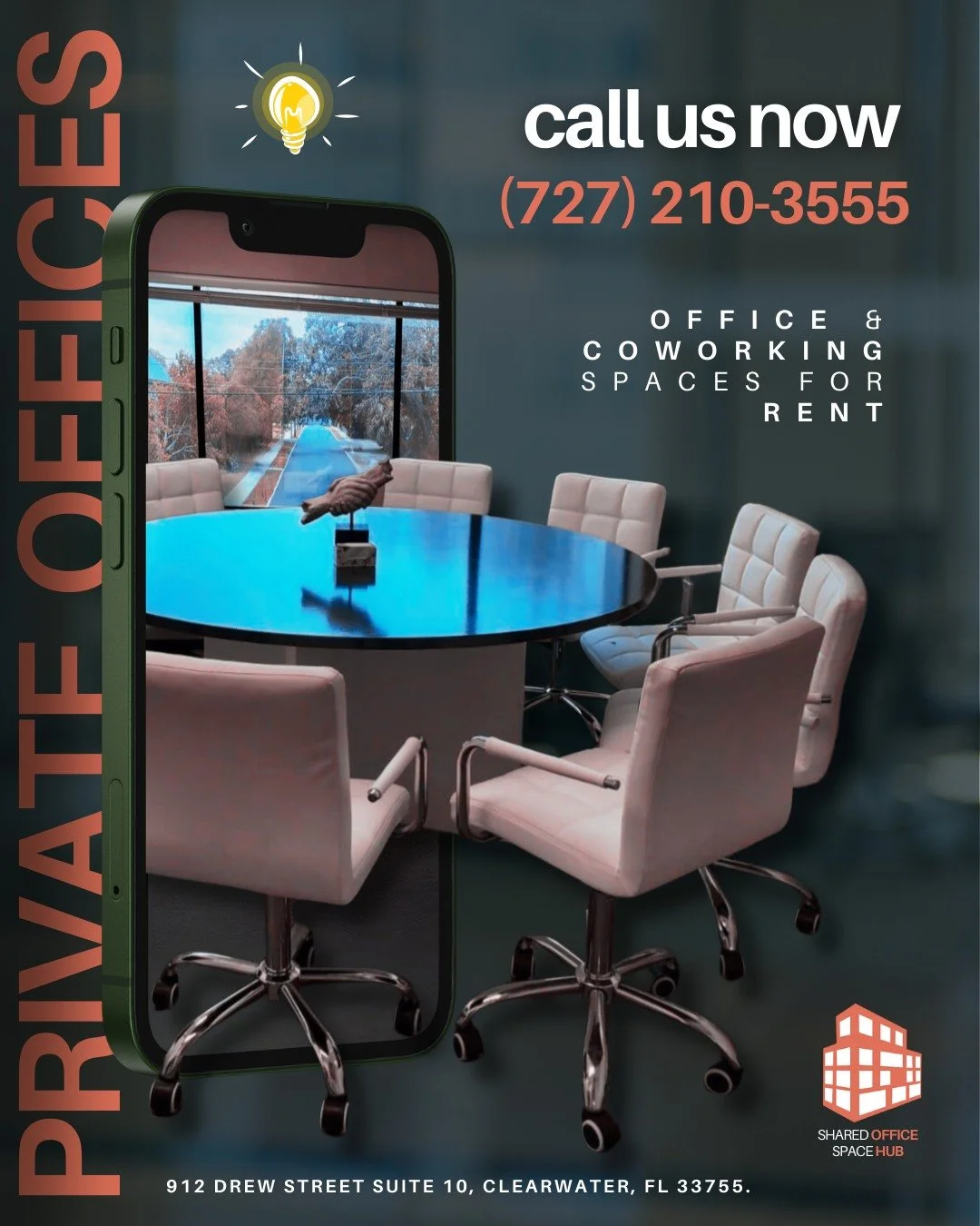 🚀 Level Up Your Productivity!
Whether you're launching your startup or scaling your business, our private offices &amp; coworking spaces give you the edge you need.
📍 Located in Clearwater, FL
📞 Call us now at (727) 210-3555 to book your space!

?