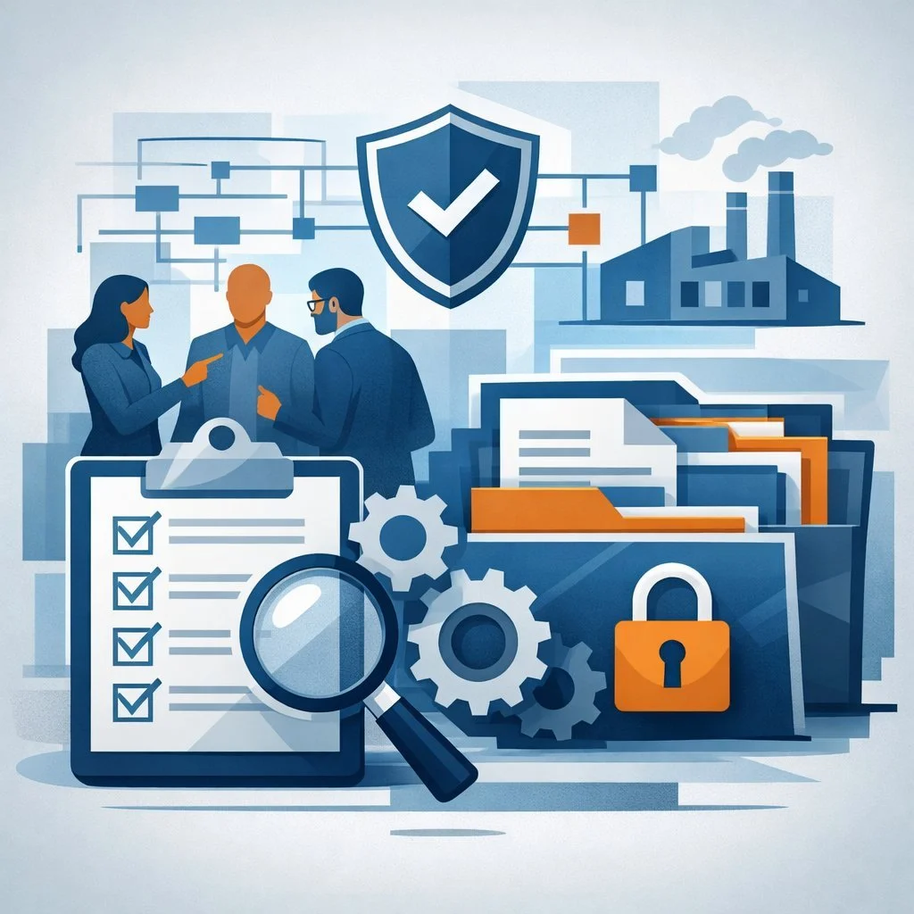 Digital illustration of a structured checklist, shield, gears, and secured document folders representing ISO 9001 record requirements and quality management system evidence.