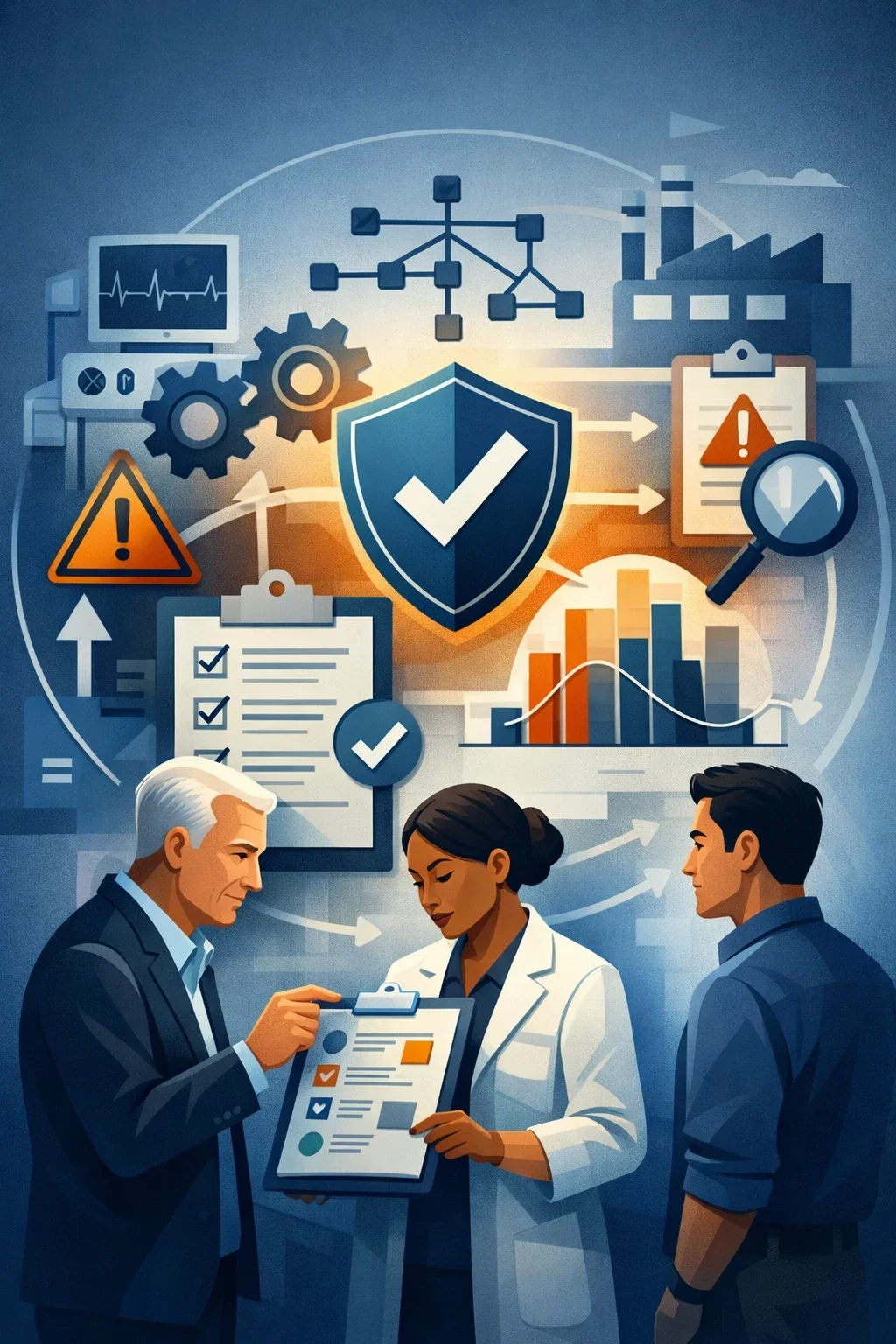 Digital illustration of structured risk analysis with shield, hazard controls, and engineering review representing ISO 14971 risk management consulting for medical devices.