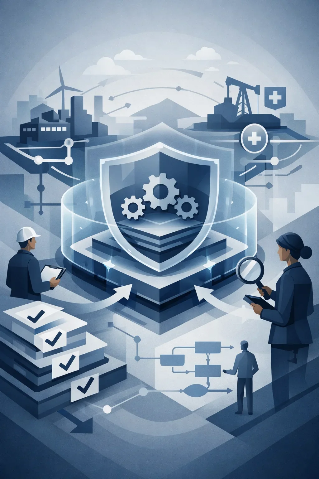 Structured health and safety management system with layered controls, central shield, and interconnected operational elements in a controlled environment