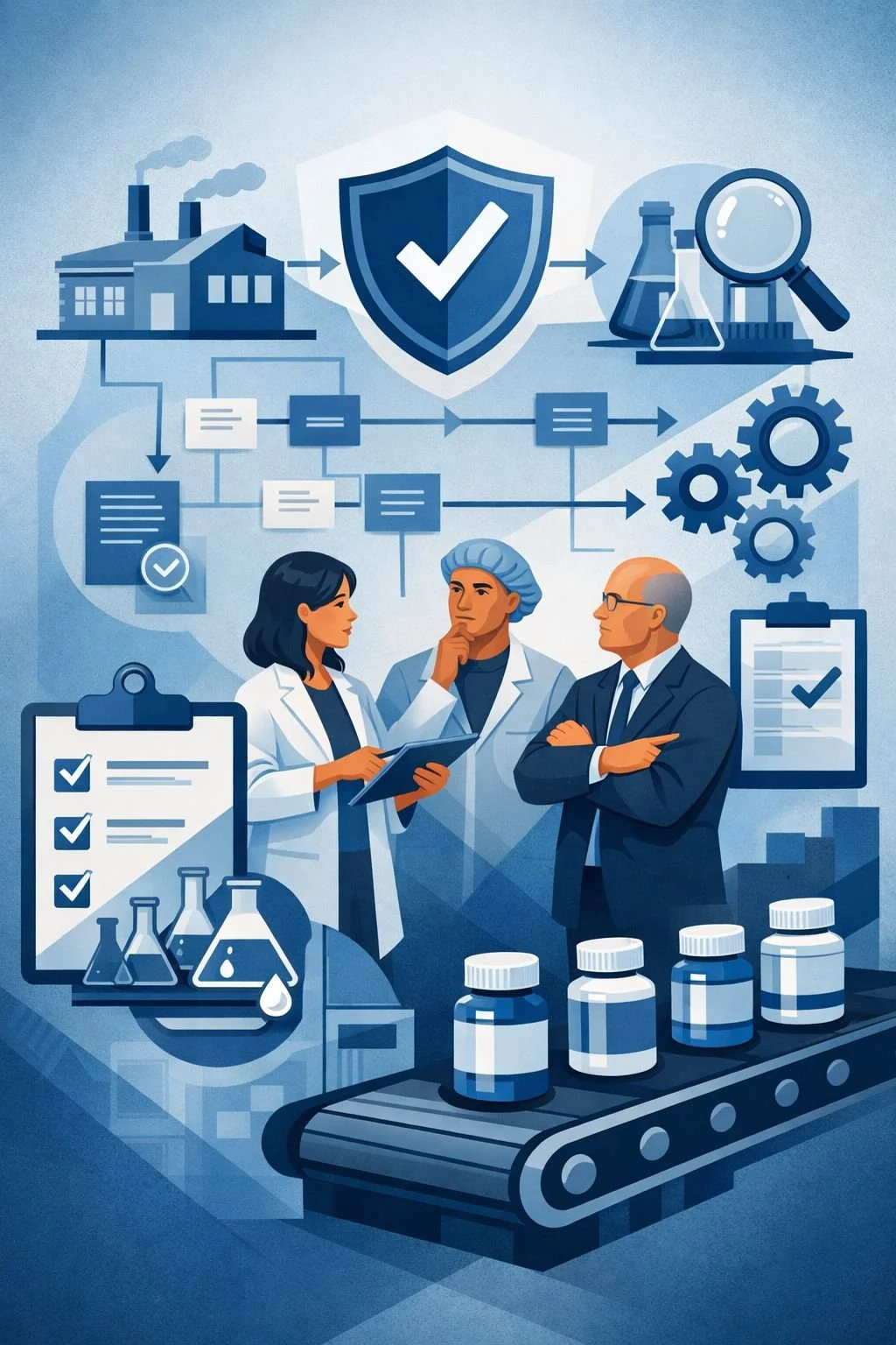 Digital illustration of dietary supplement manufacturing oversight with shield, checklist, laboratory controls, and factory system flow representing 21 CFR Part 111 compliance.