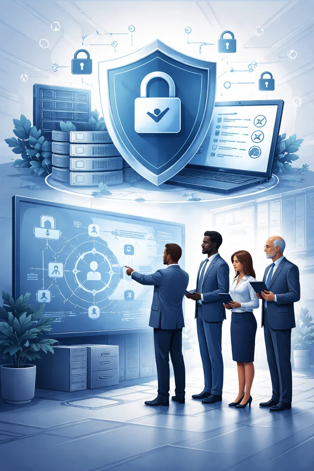 Digital illustration of a structured shield with lock, network systems, and consultants analyzing data security controls and risk management frameworks.