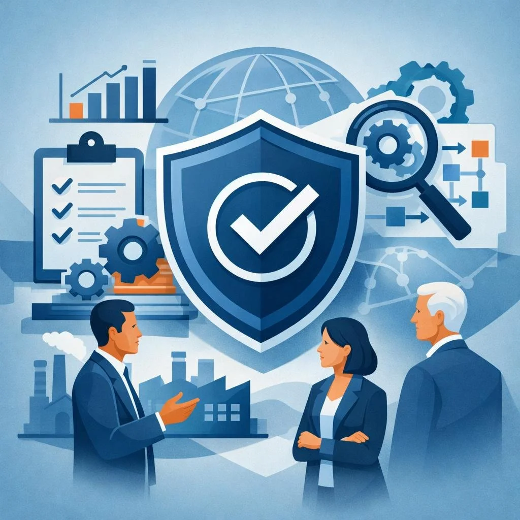 Digital illustration of a shield with checkmark, gears, and process controls representing the meaning of ISO 9001 certified and structured quality management systems.