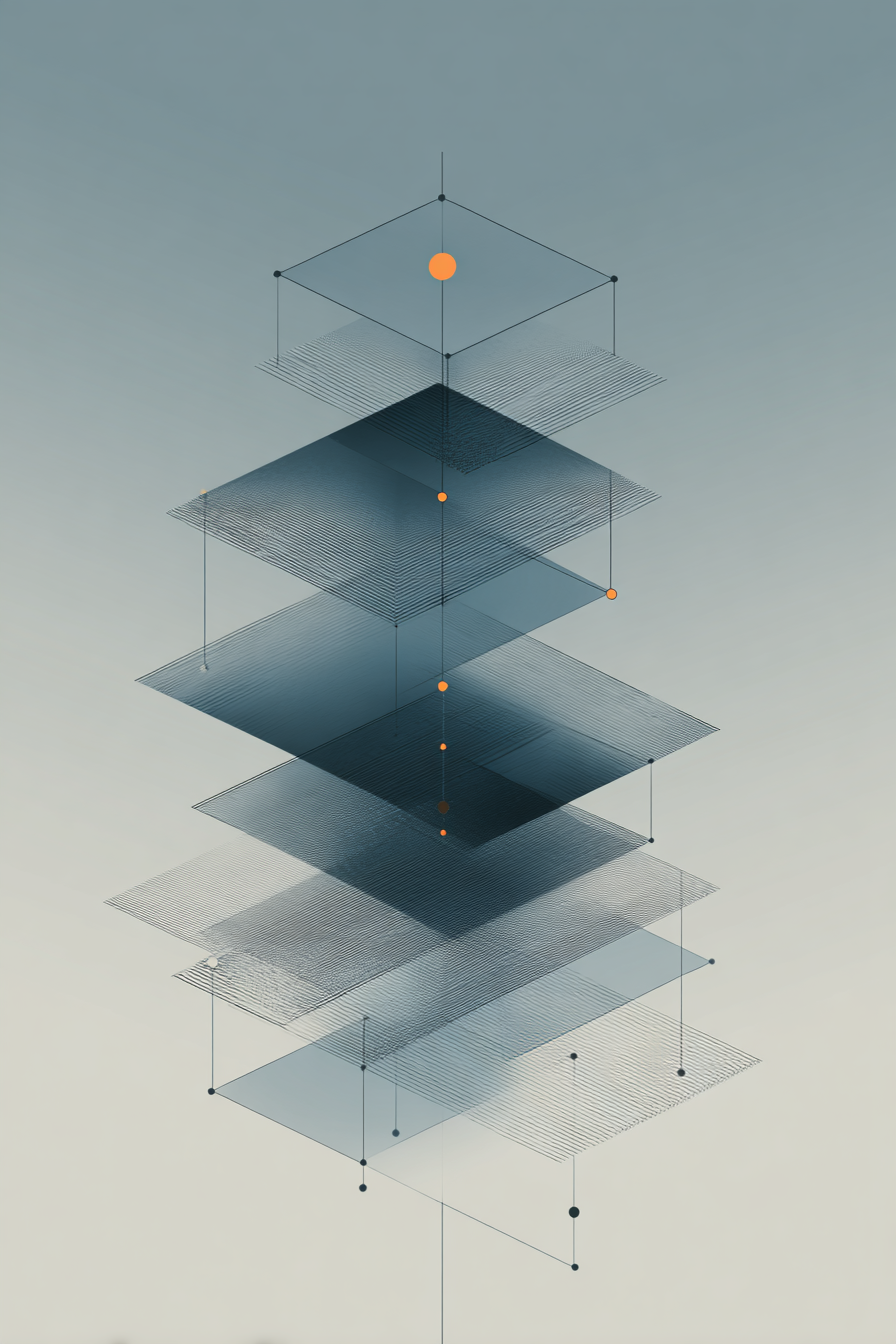 Abstract vertical illustration of stacked translucent geometric panels connected by precise lines and amber control points representing layered management system architecture