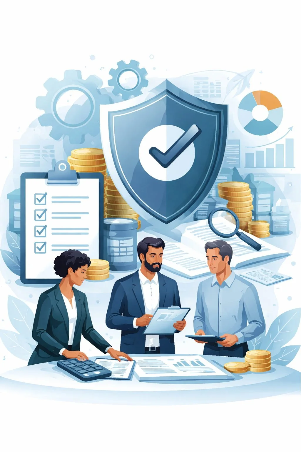 Digital illustration of a shield with checkmark, clipboard audit checklist, gears, and professionals reviewing documents symbolizing ISO 9001 certification cost breakdown and quality management planning.