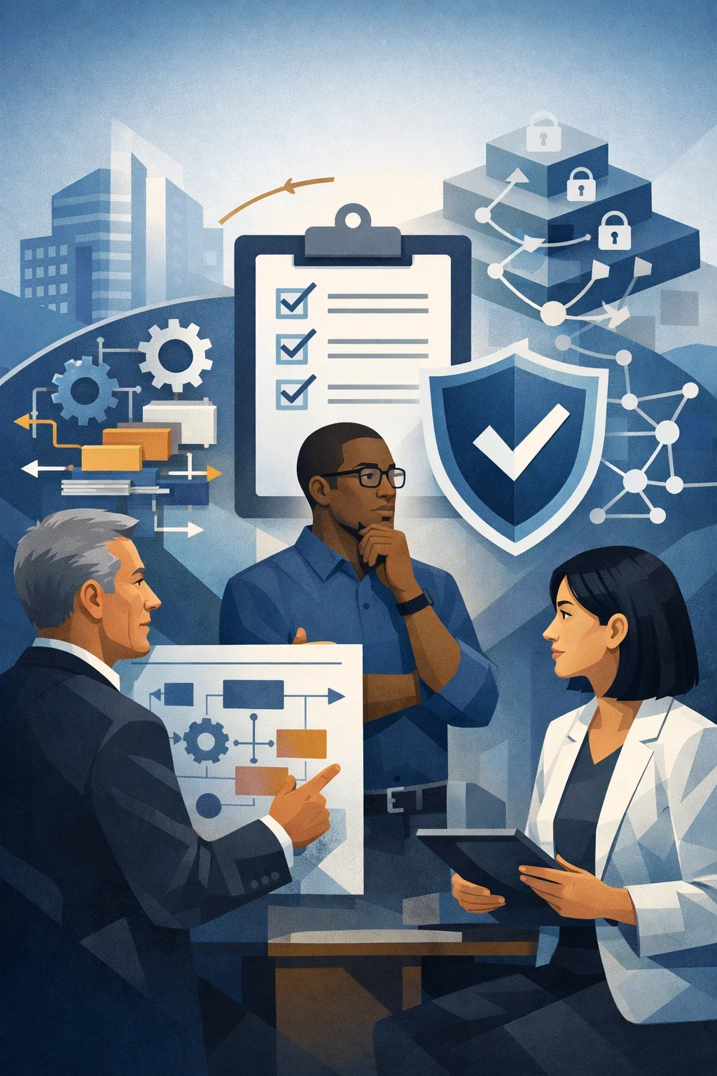 Digital illustration of consultants reviewing a structured checklist and system diagrams representing management system audits and organizational compliance evaluation.