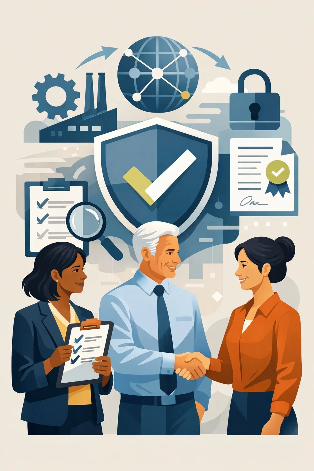 Business people shaking hands with security and compliance icons above, including a shield with a checkmark, documents, a lock, a magnifying glass, and a globe, symbolizing secure business agreements and data protection.